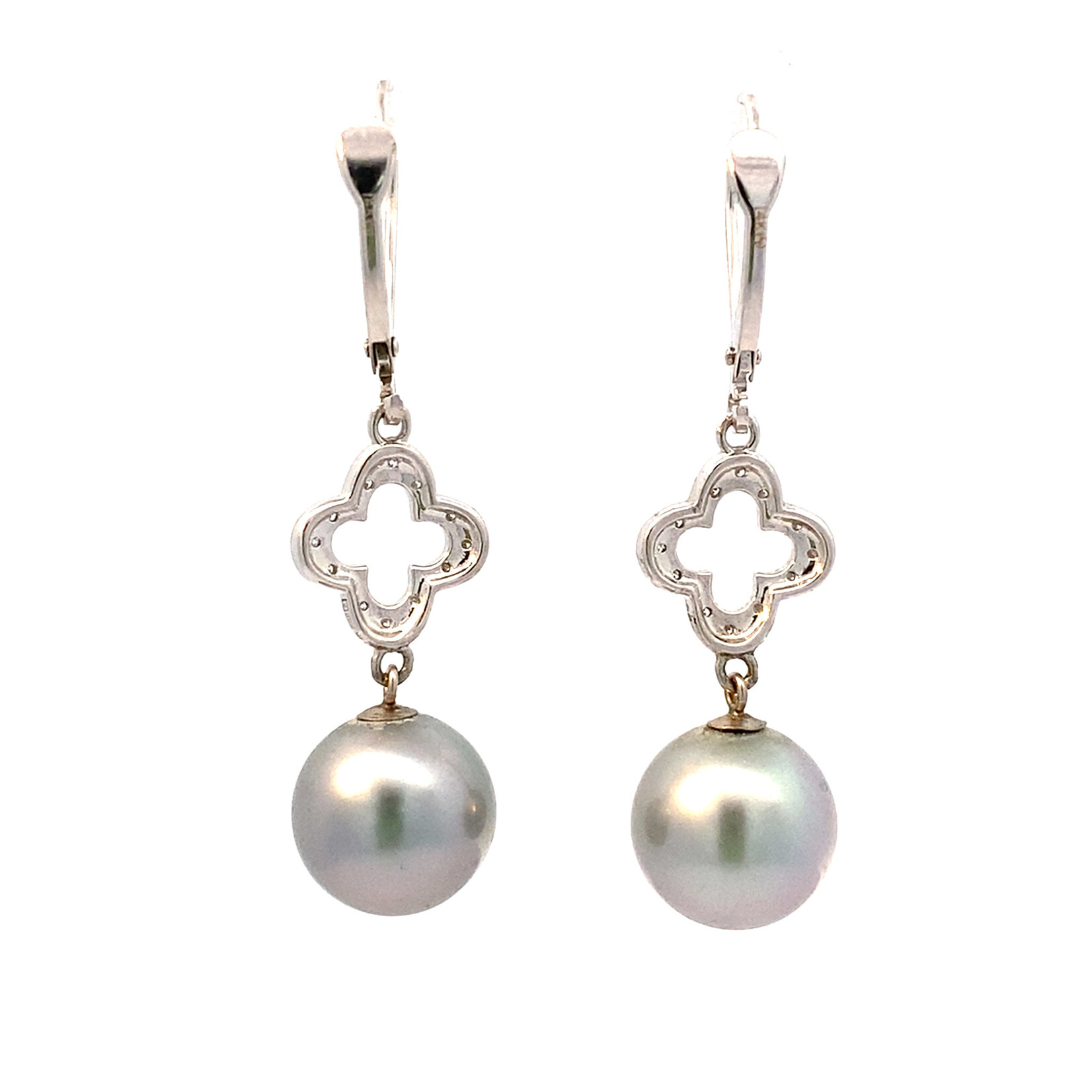 14K White Gold Tahitian Pearl dangles on diamond leaver-backs