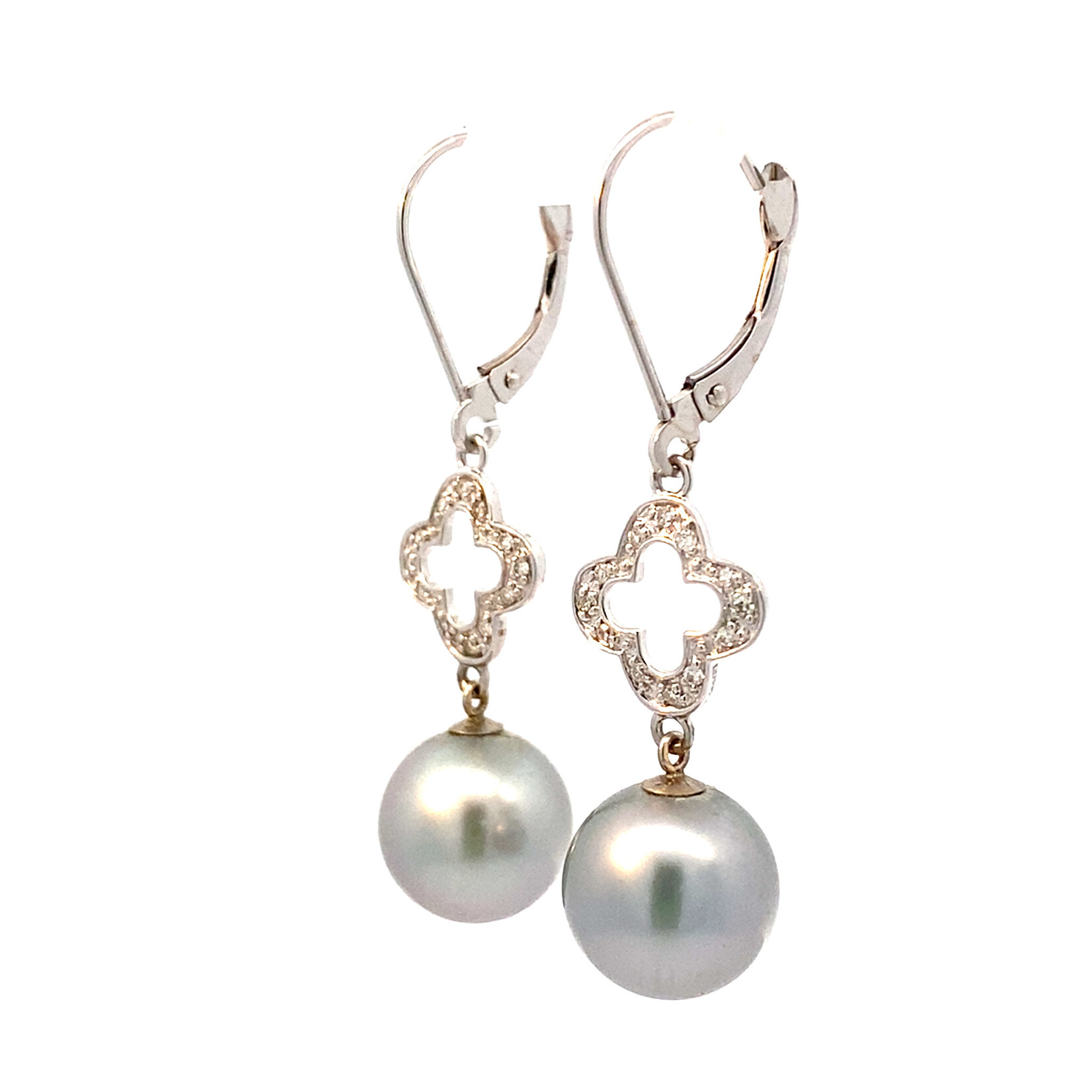 14K White Gold Tahitian Pearl dangles on diamond leaver-backs