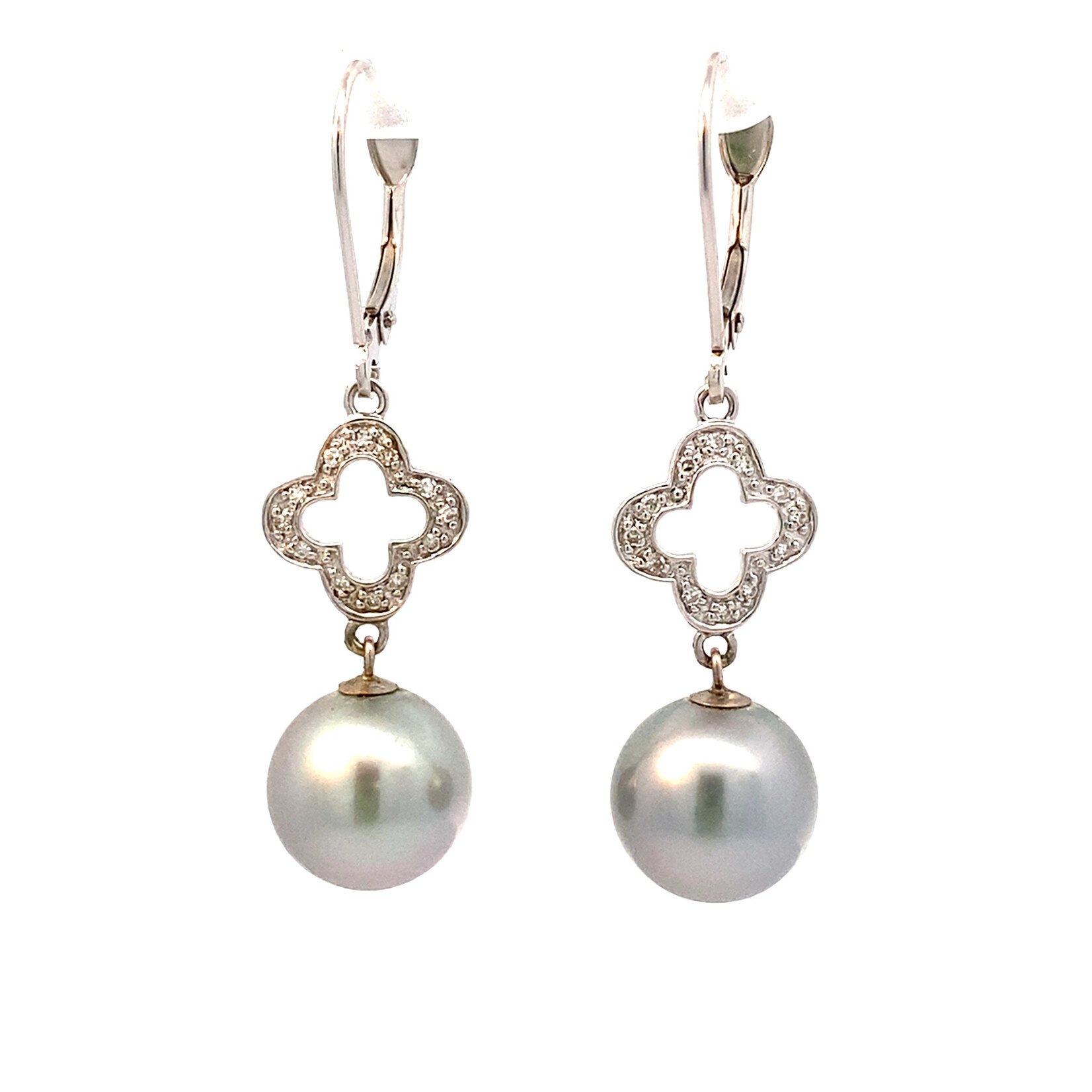14K White Gold Tahitian Pearl dangles on diamond leaver-backs
