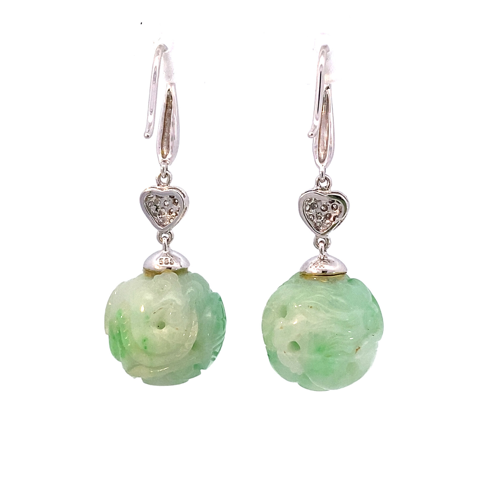 14K White Gold Carved Green Jade Dangles