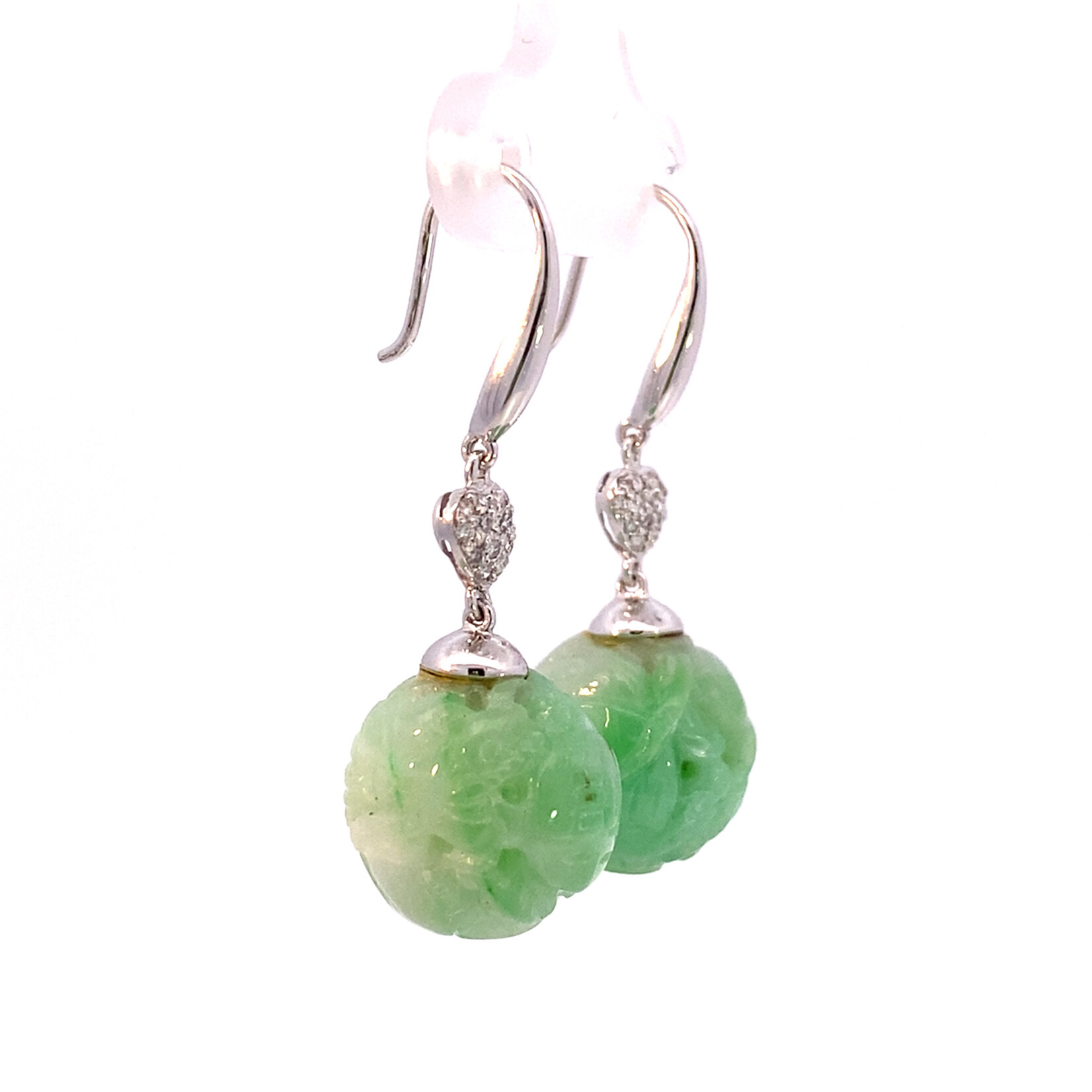 14K White Gold Carved Green Jade Dangles