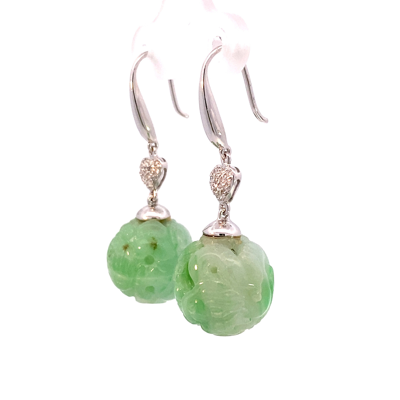 14K White Gold Carved Green Jade Dangles