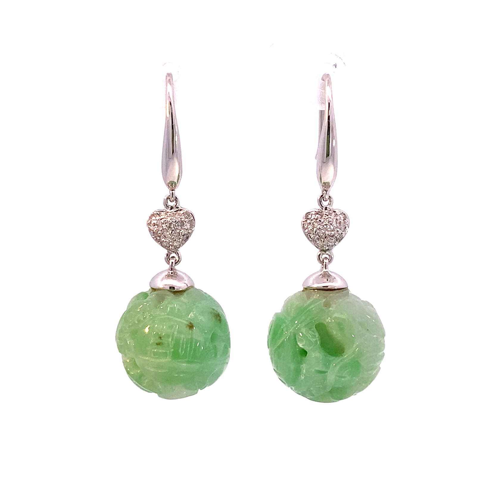 14K White Gold Carved Green Jade Dangles