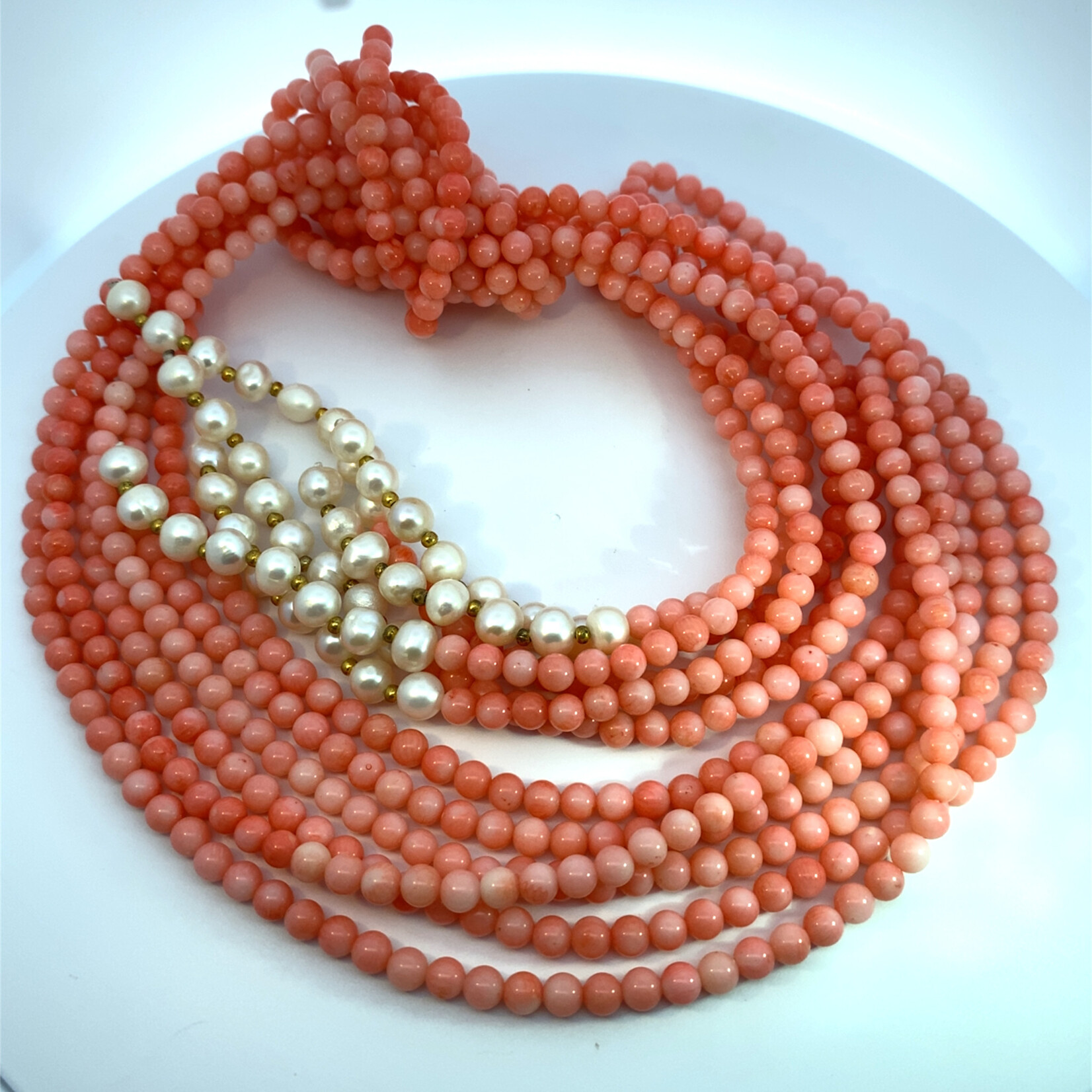 Dyed 3 Strand Coral and Fresh Water Pearl Lariat Style Necklace
