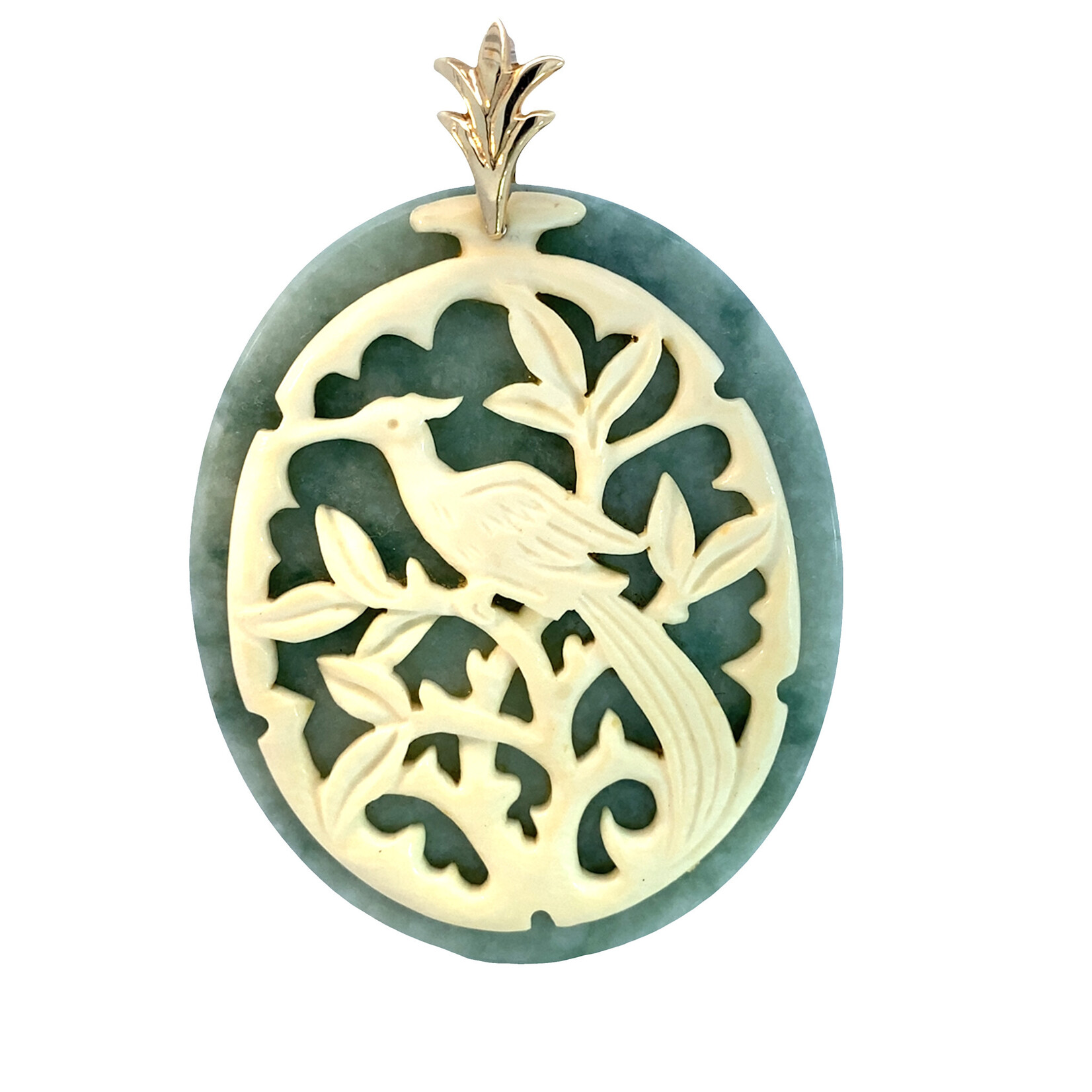 14K Yellow Gold Oval Jade & Bone Phoenix MINGS Pendant