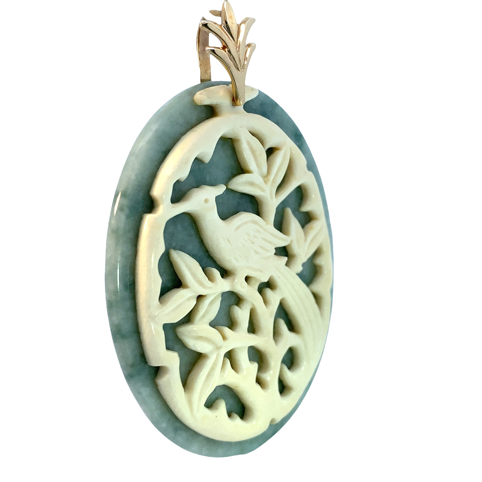 14K Yellow Gold Oval Jade & Bone Phoenix MINGS Pendant
