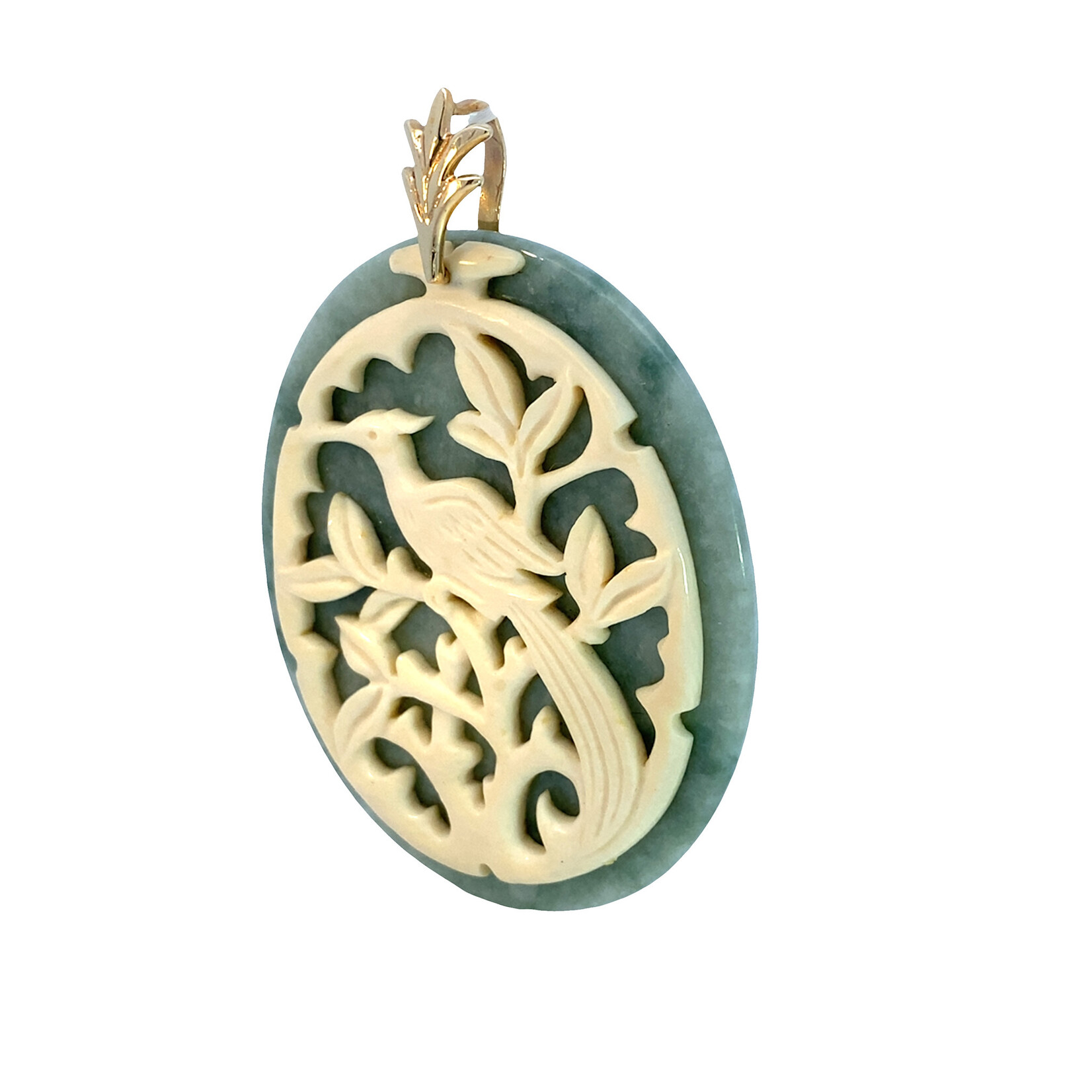 14K Yellow Gold Oval Jade & Bone Phoenix MINGS Pendant