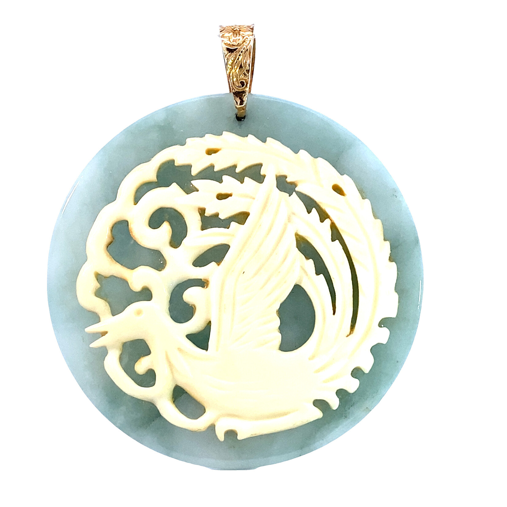 14K Yellow Gold Round Jade Phoenix MINGS Pendant