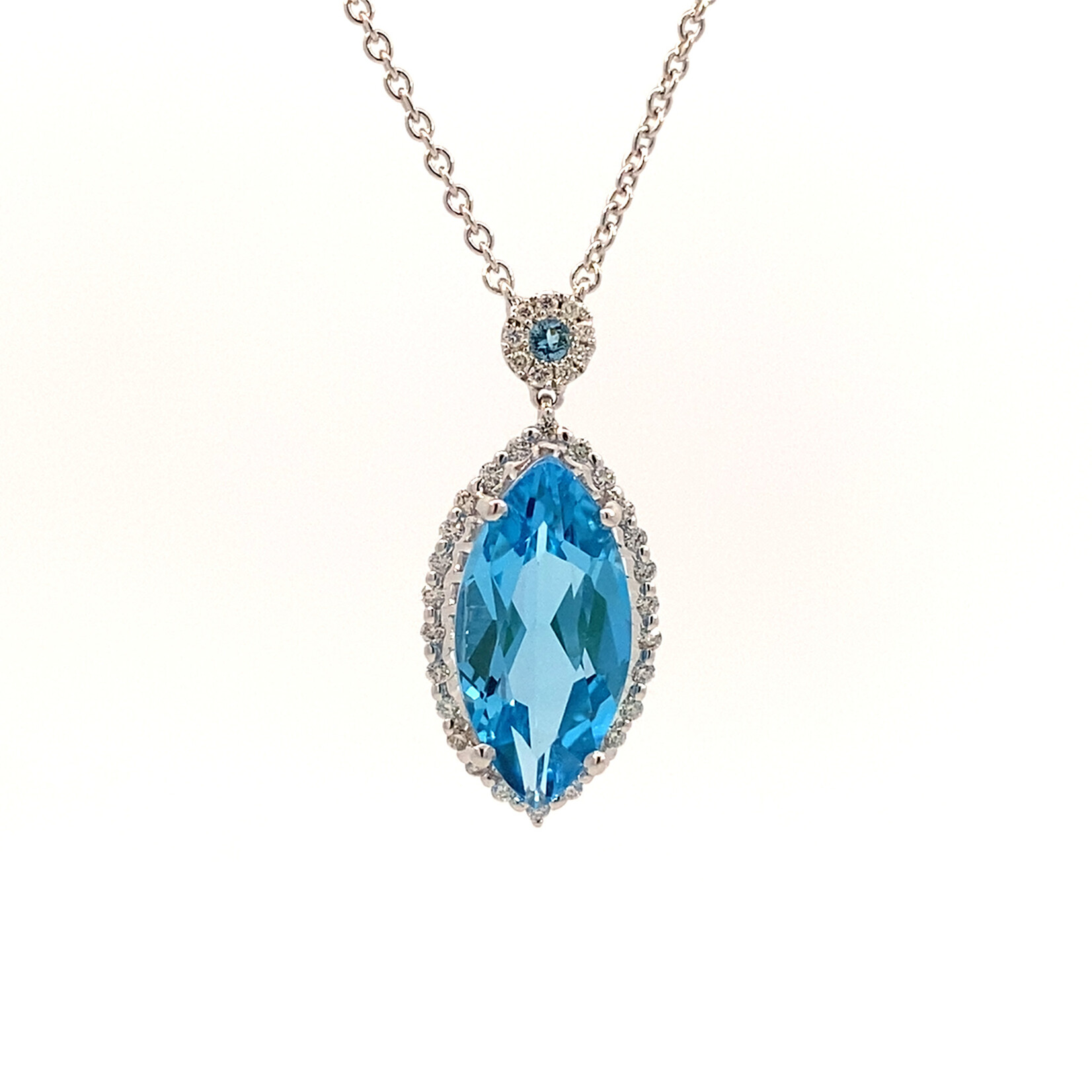 14K White Gold Swiss Blue Topaz & Diamond on 16" Chain
