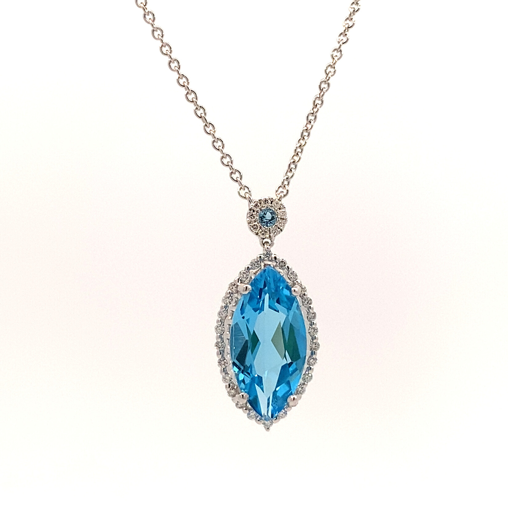 14K White Gold Swiss Blue Topaz & Diamond on 16" Chain