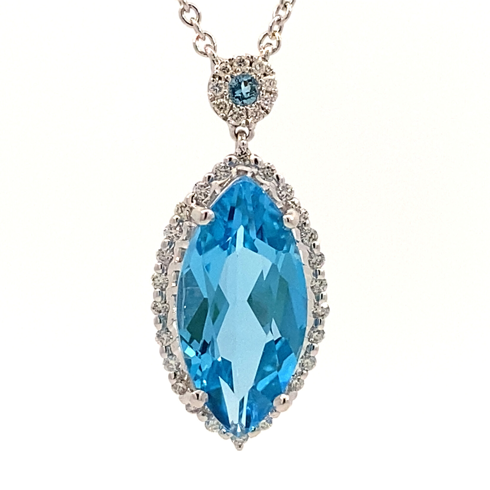 14K White Gold Swiss Blue Topaz & Diamond on 16" Chain