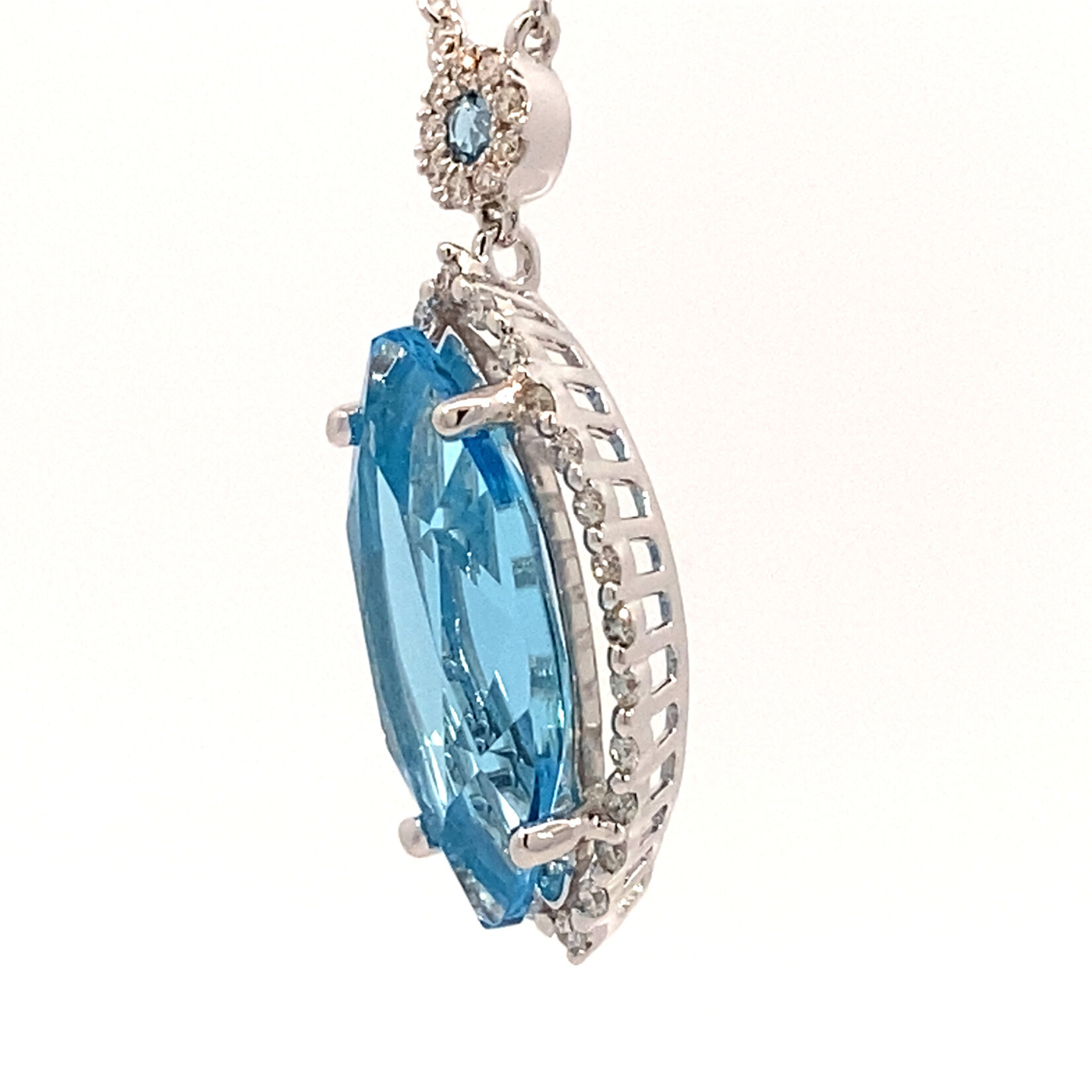 14K White Gold Swiss Blue Topaz & Diamond on 16" Chain