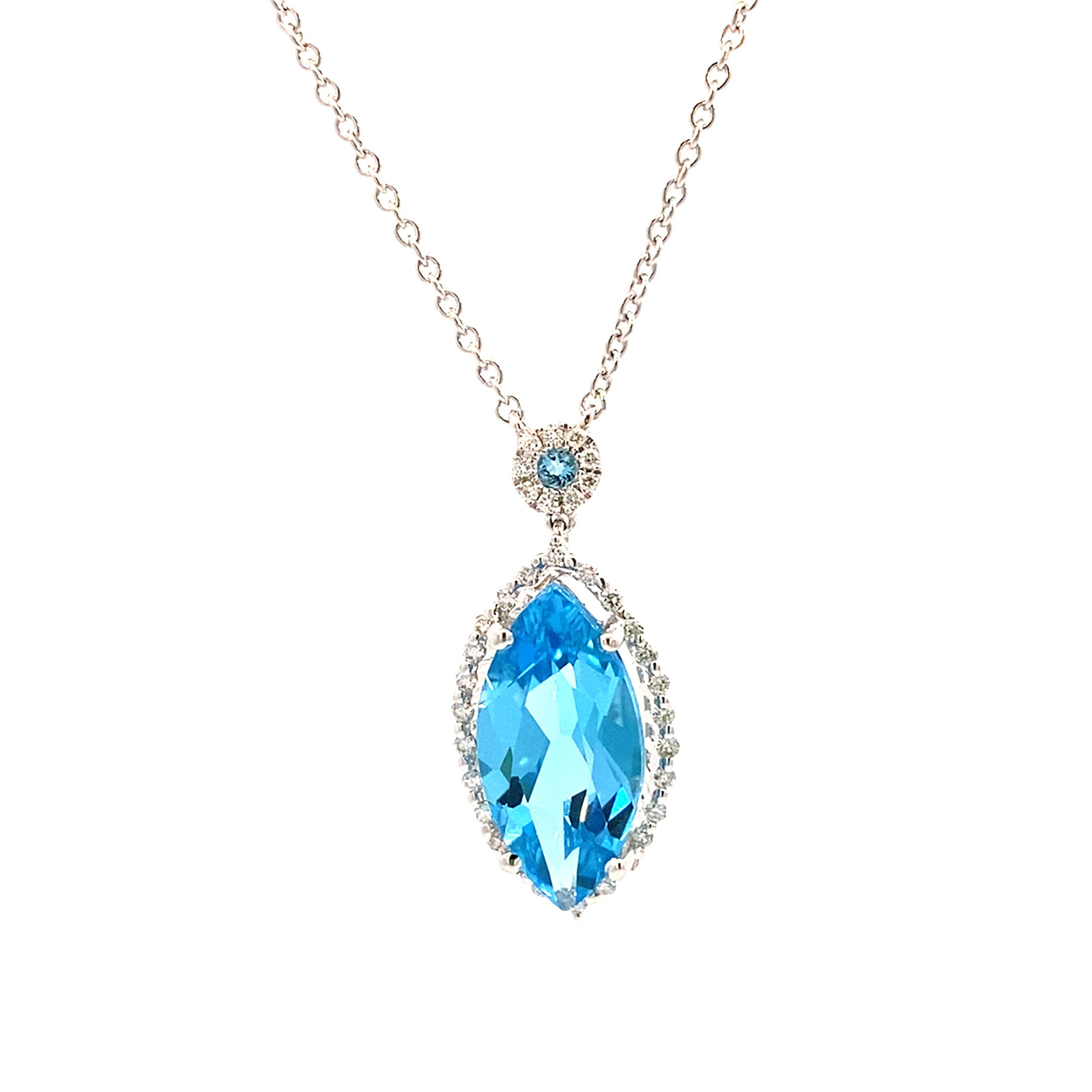 14K White Gold Swiss Blue Topaz & Diamond on 16" Chain