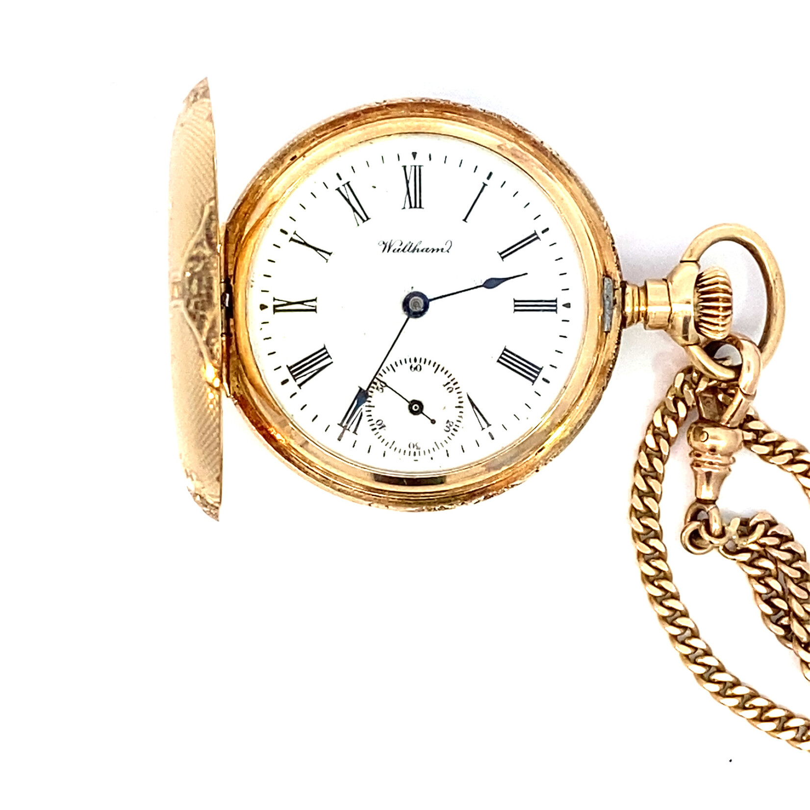 14K Yellow Gold Waltham Pocket Watch on 24" Curb Chain Circa 1900's