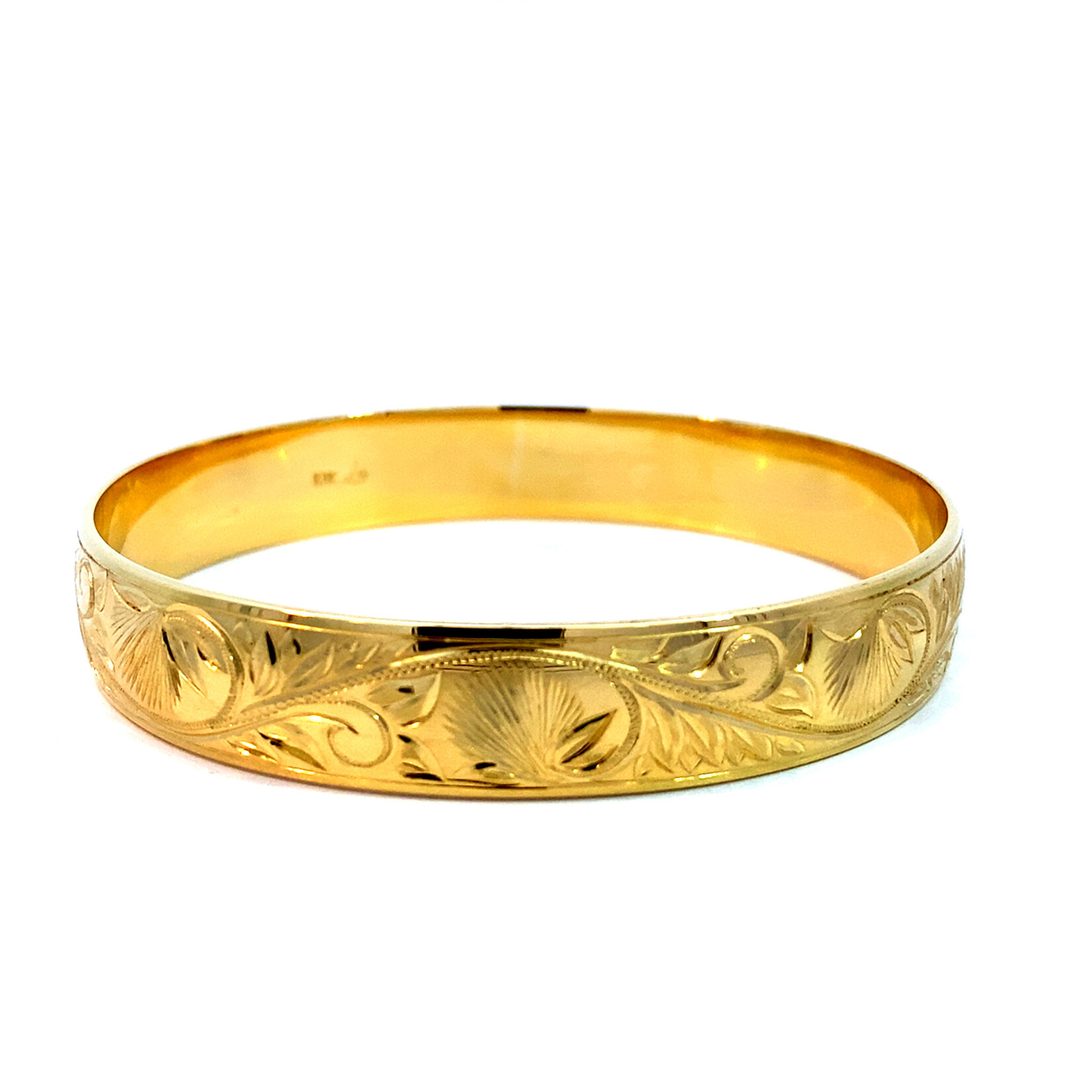 Lehua Blossom 18K Yellow Gold 12mm Barrel Heavy Lehua Blossom Bangle sz8 No Name