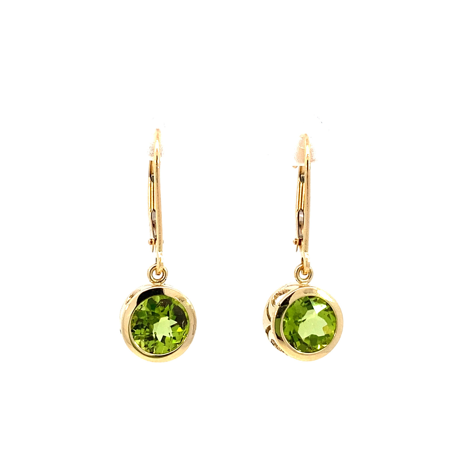 14K Yellow Gold 7mm Peridot Filigree Bezel Dangles on Levers