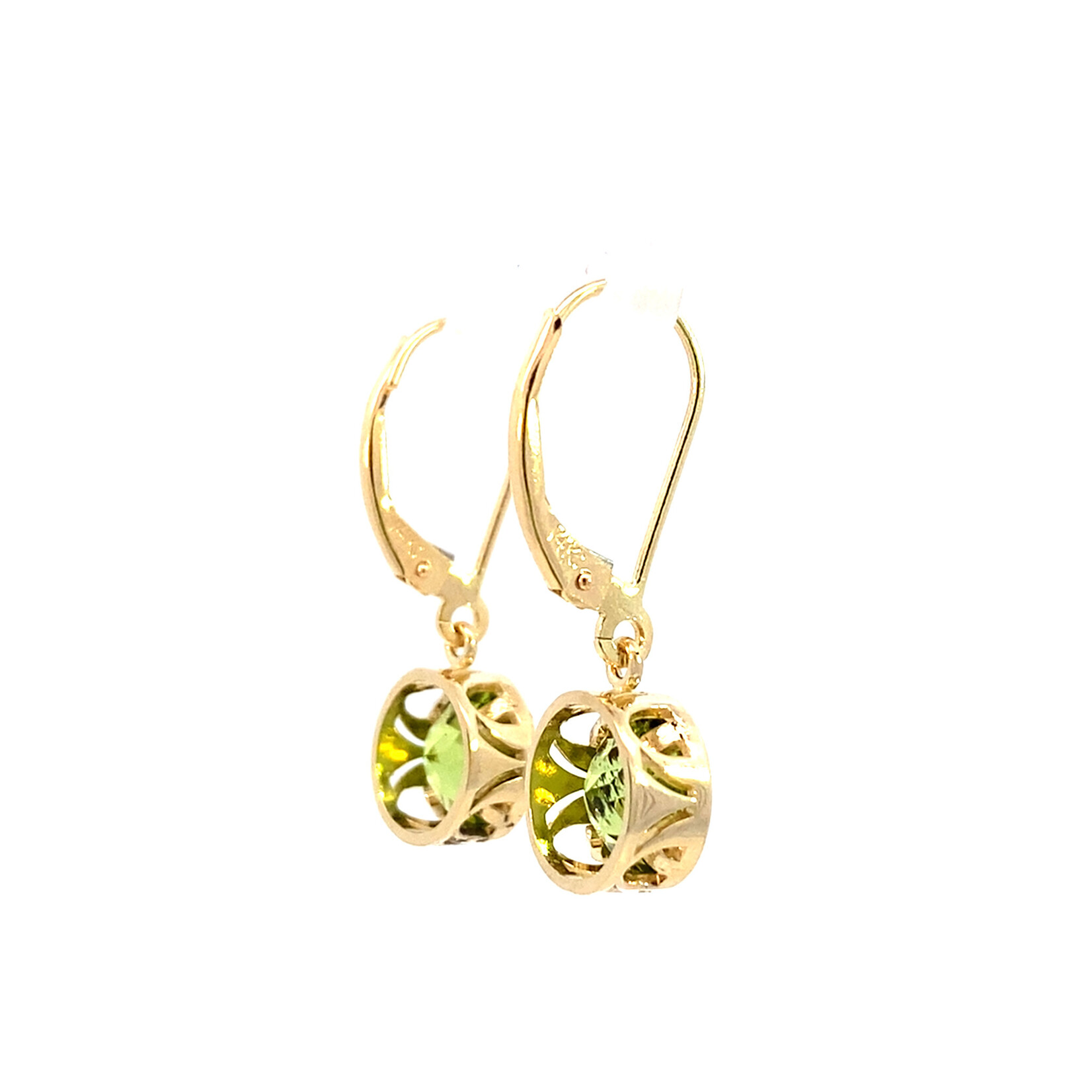 14K Yellow Gold 7mm Peridot Filigree Bezel Dangles on Levers