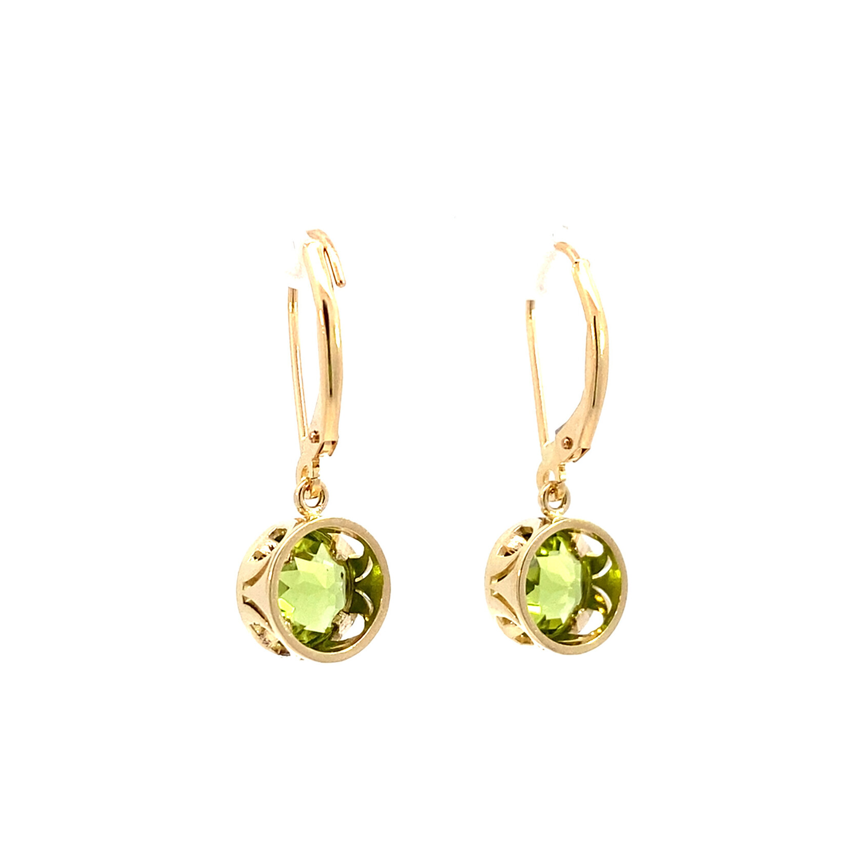 14K Yellow Gold 7mm Peridot Filigree Bezel Dangles on Levers