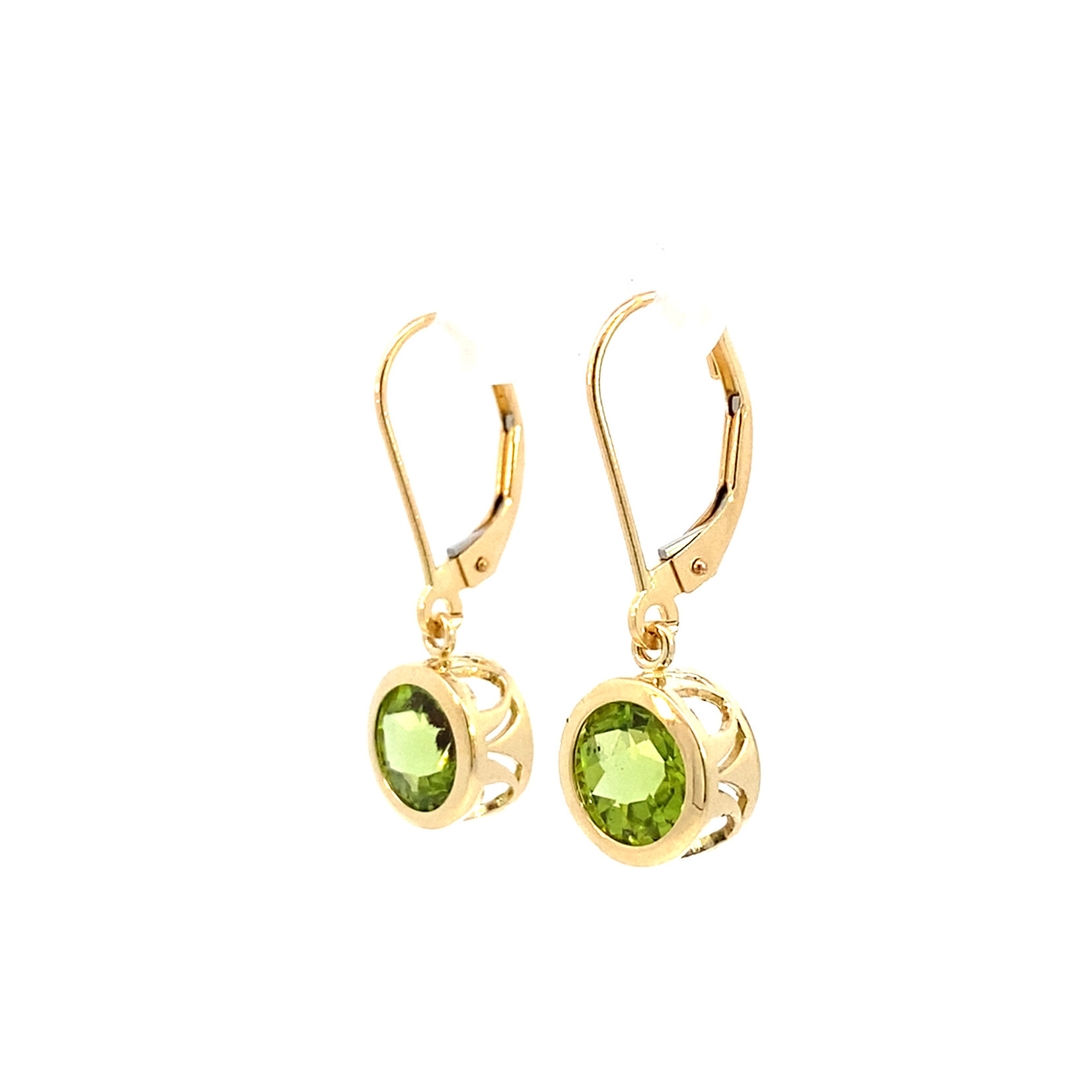 14K Yellow Gold 7mm Peridot Filigree Bezel Dangles on Levers