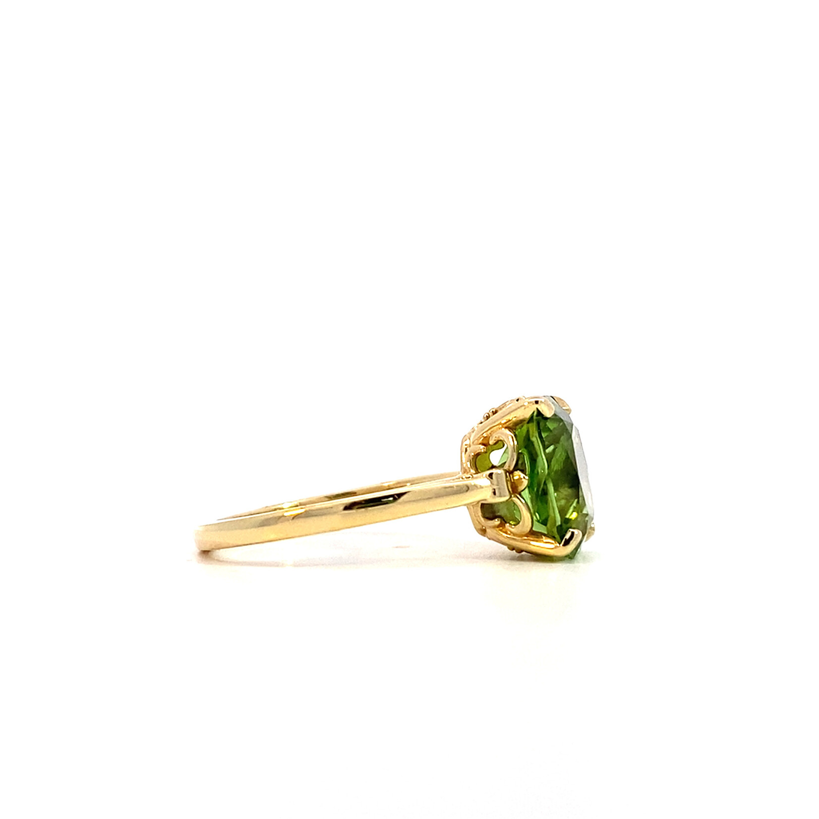 14K Yellow Gold Burmese Cushion Peridot Ring 3ct sz7.25