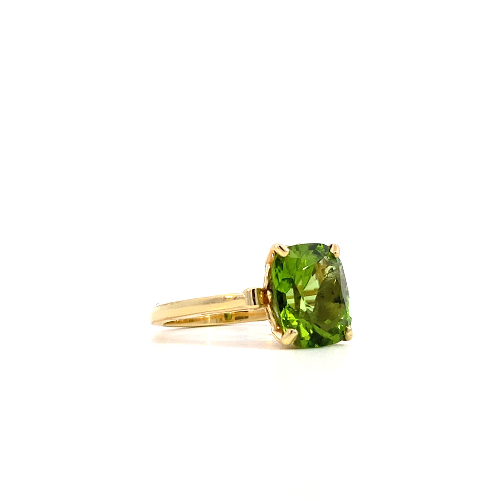 14K Yellow Gold Burmese Cushion Peridot Ring 3ct sz7.25