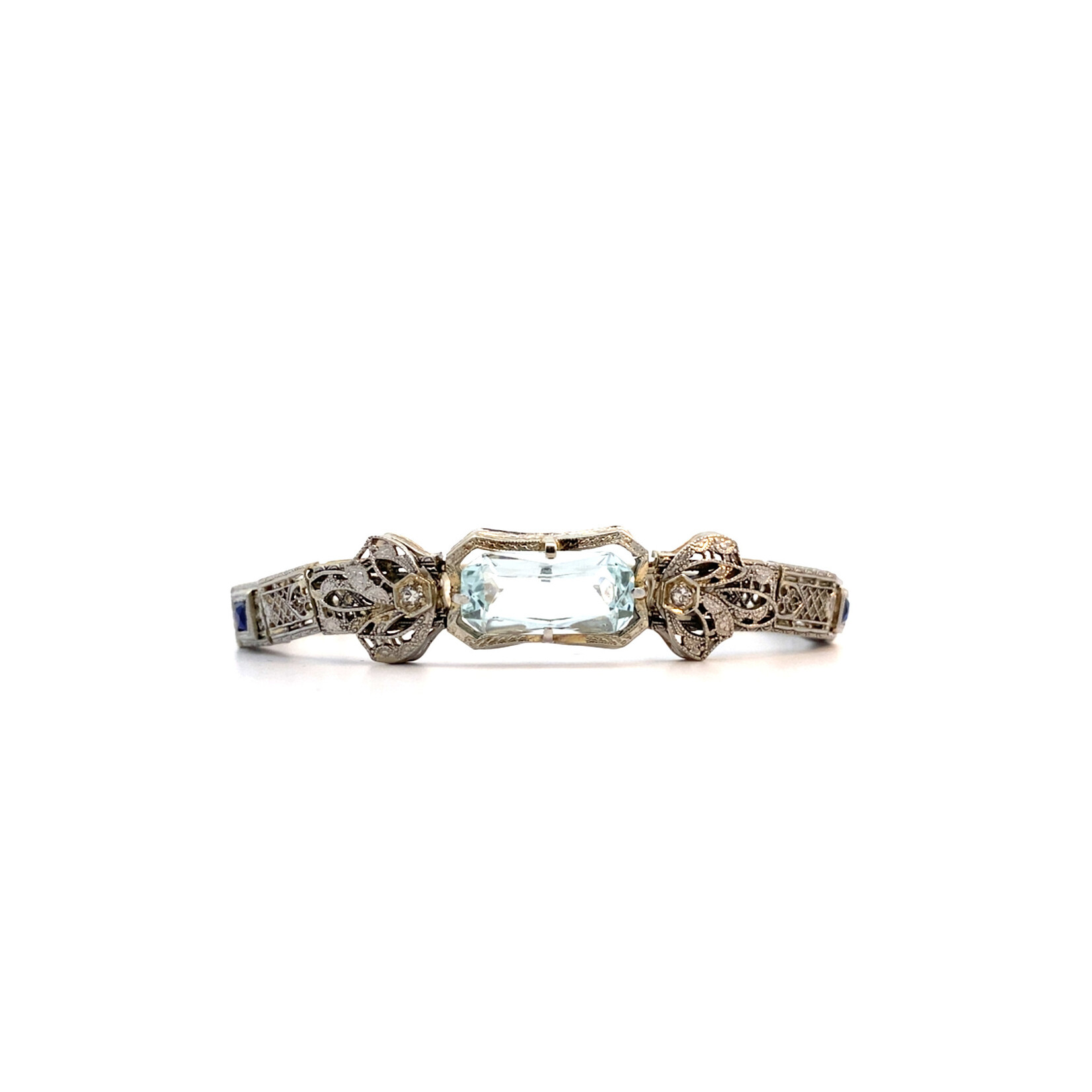 14K White Gold 7"Art Deco Aquamarine, Sapphire, Diamond Bracelet