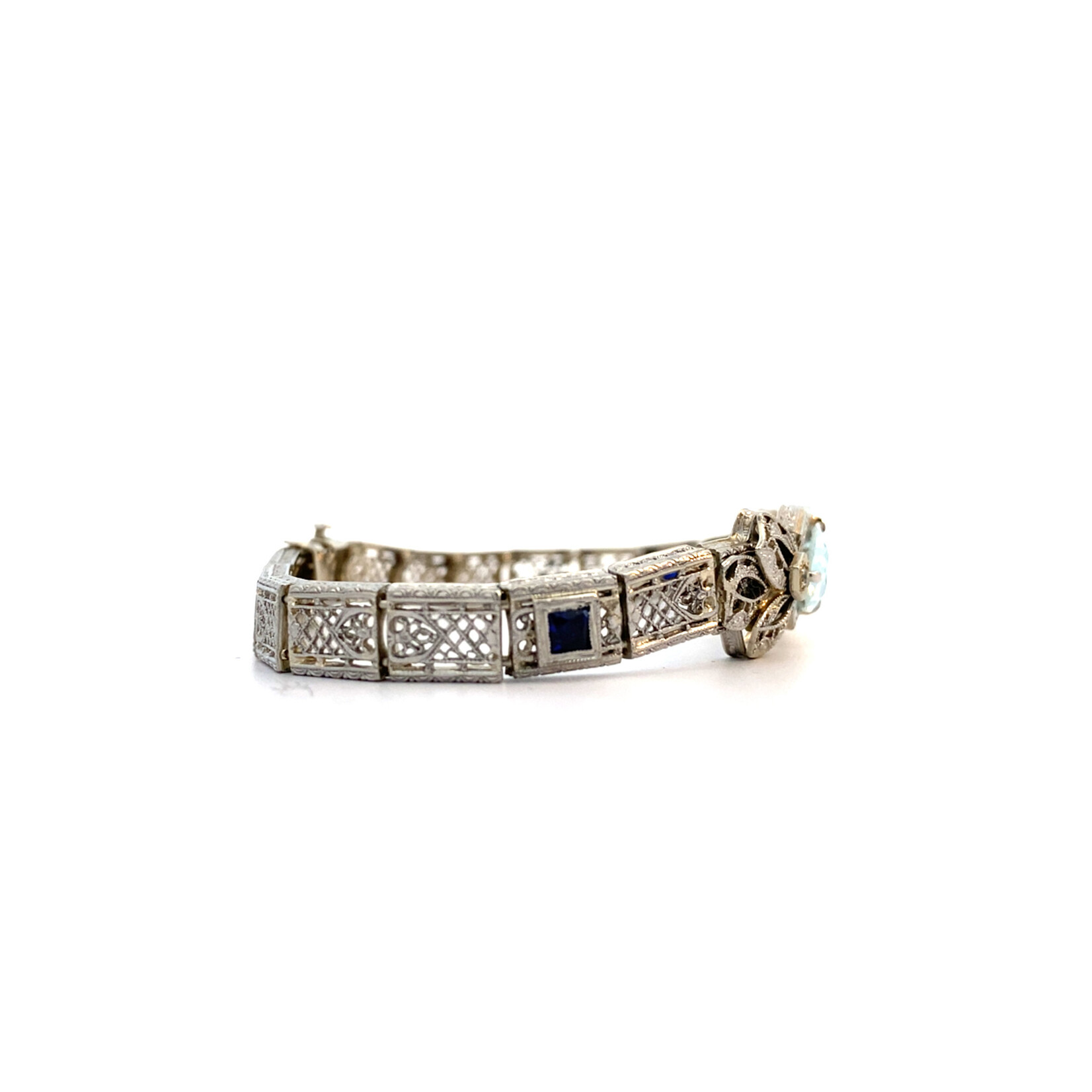 14K White Gold 7"Art Deco Aquamarine, Sapphire, Diamond Bracelet