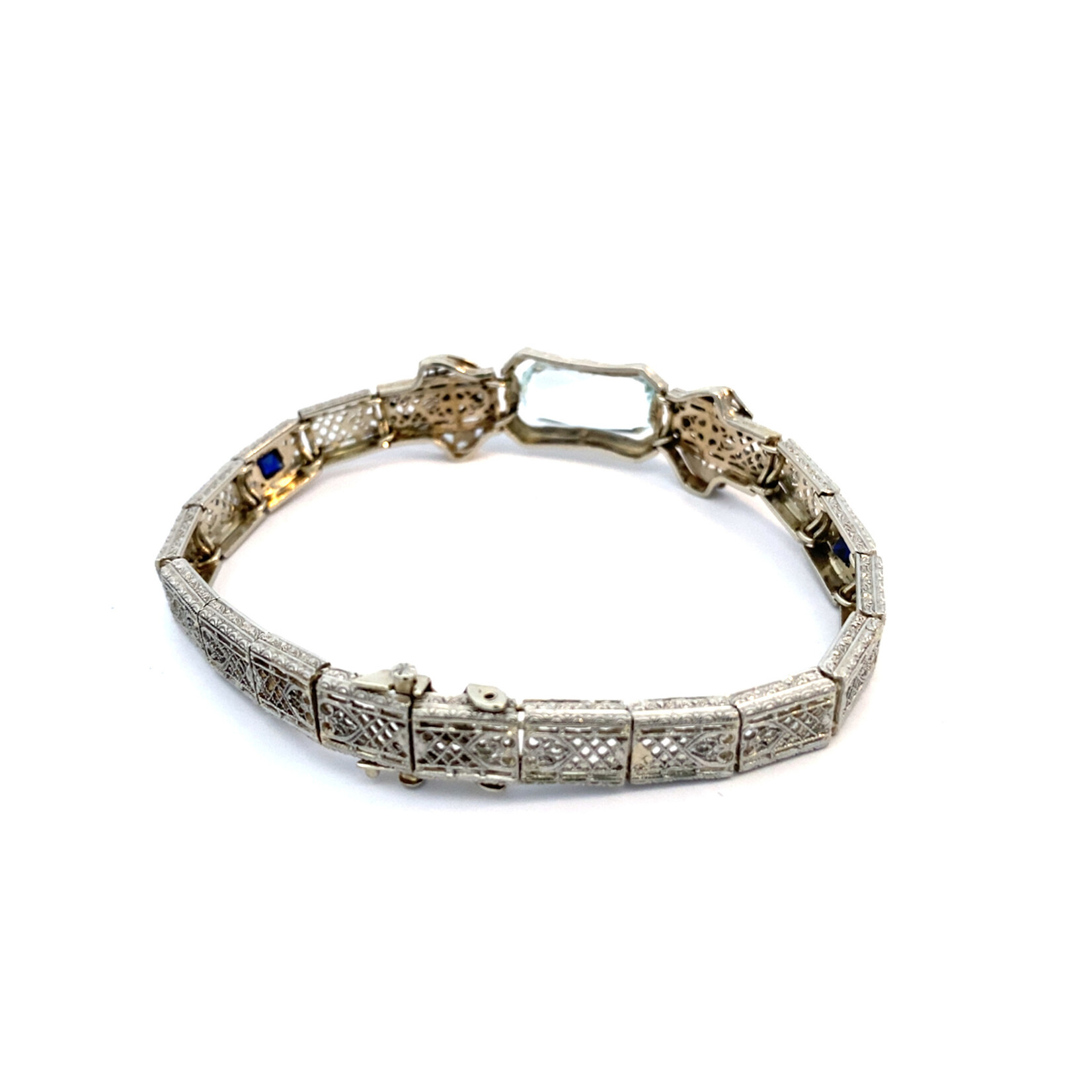 14K White Gold 7"Art Deco Aquamarine, Sapphire, Diamond Bracelet
