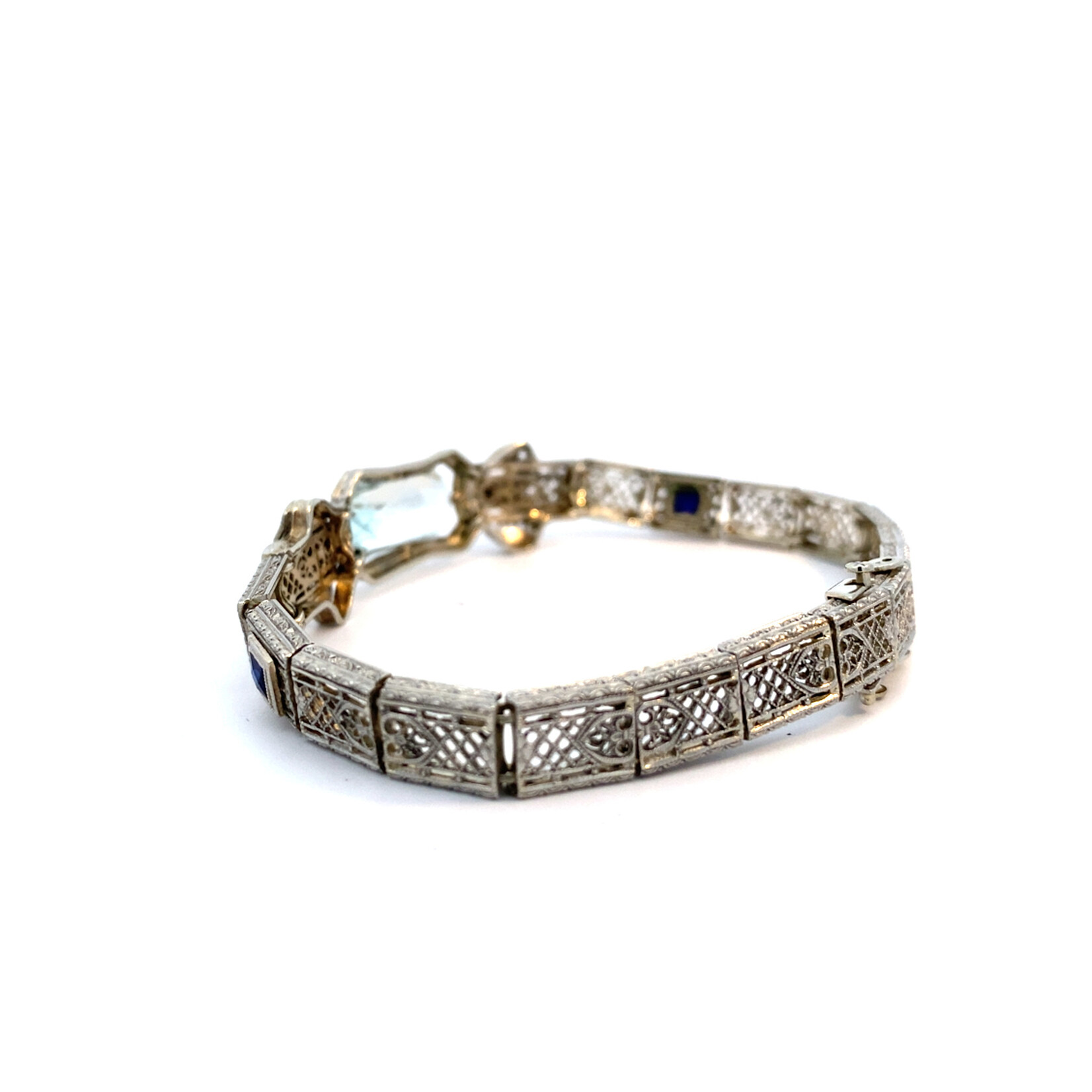 14K White Gold 7"Art Deco Aquamarine, Sapphire, Diamond Bracelet