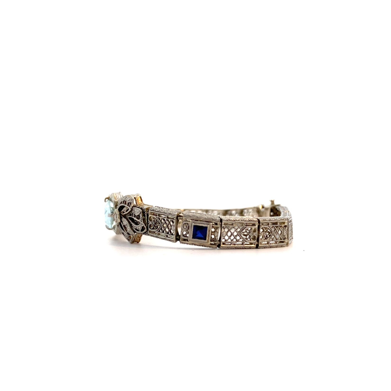 14K White Gold 7"Art Deco Aquamarine, Sapphire, Diamond Bracelet