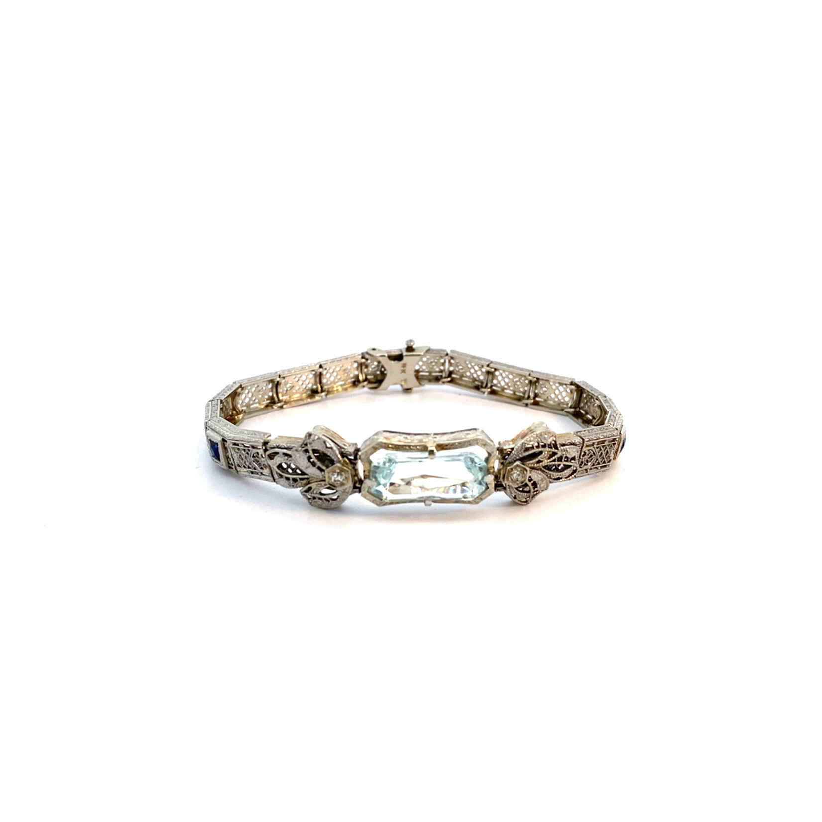 14K White Gold 7"Art Deco Aquamarine, Sapphire, Diamond Bracelet