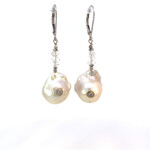 14K White Topaz Baroque Pearl Herkimer Diamond Dangles