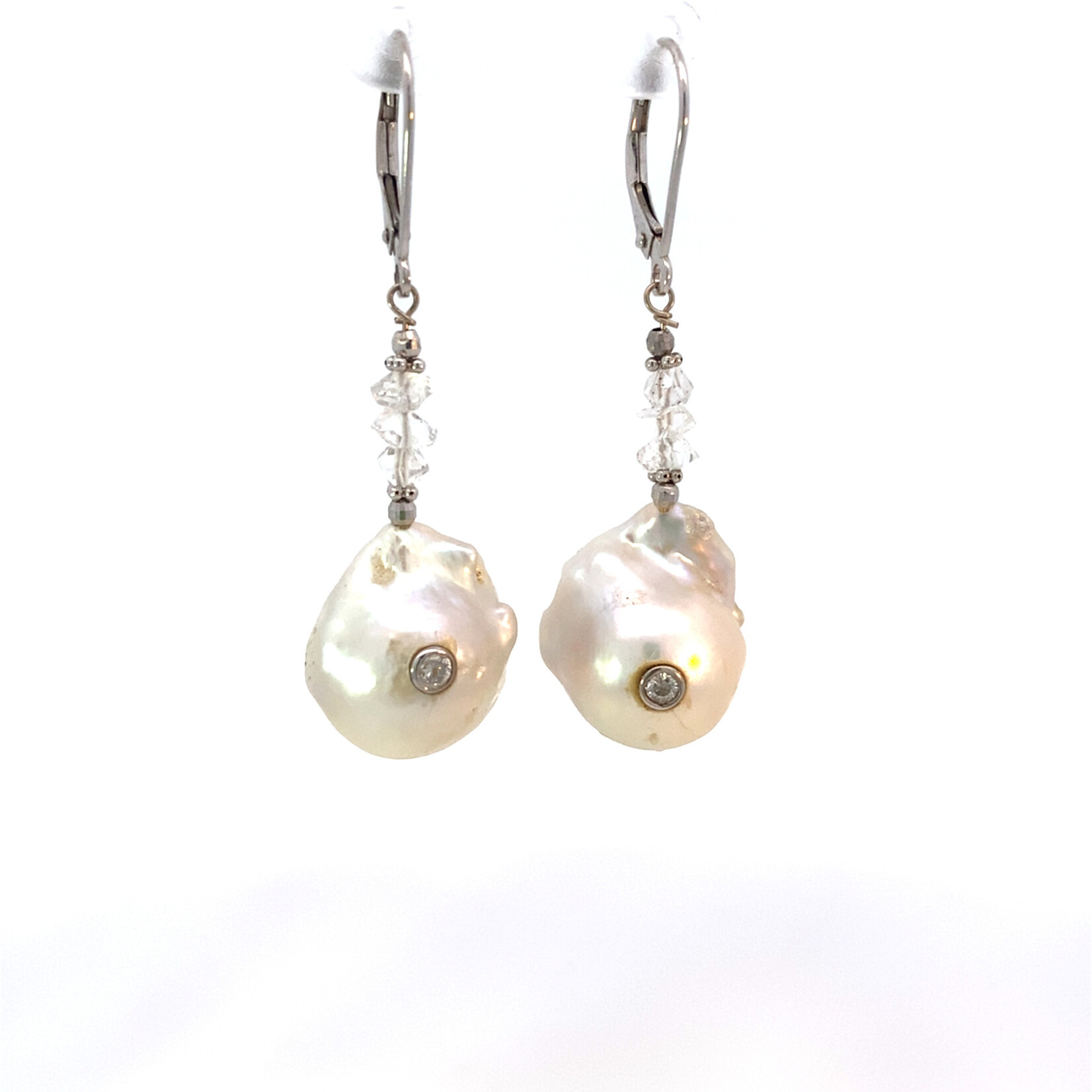 14K White Topaz Baroque Pearl Herkimer Diamond Dangles
