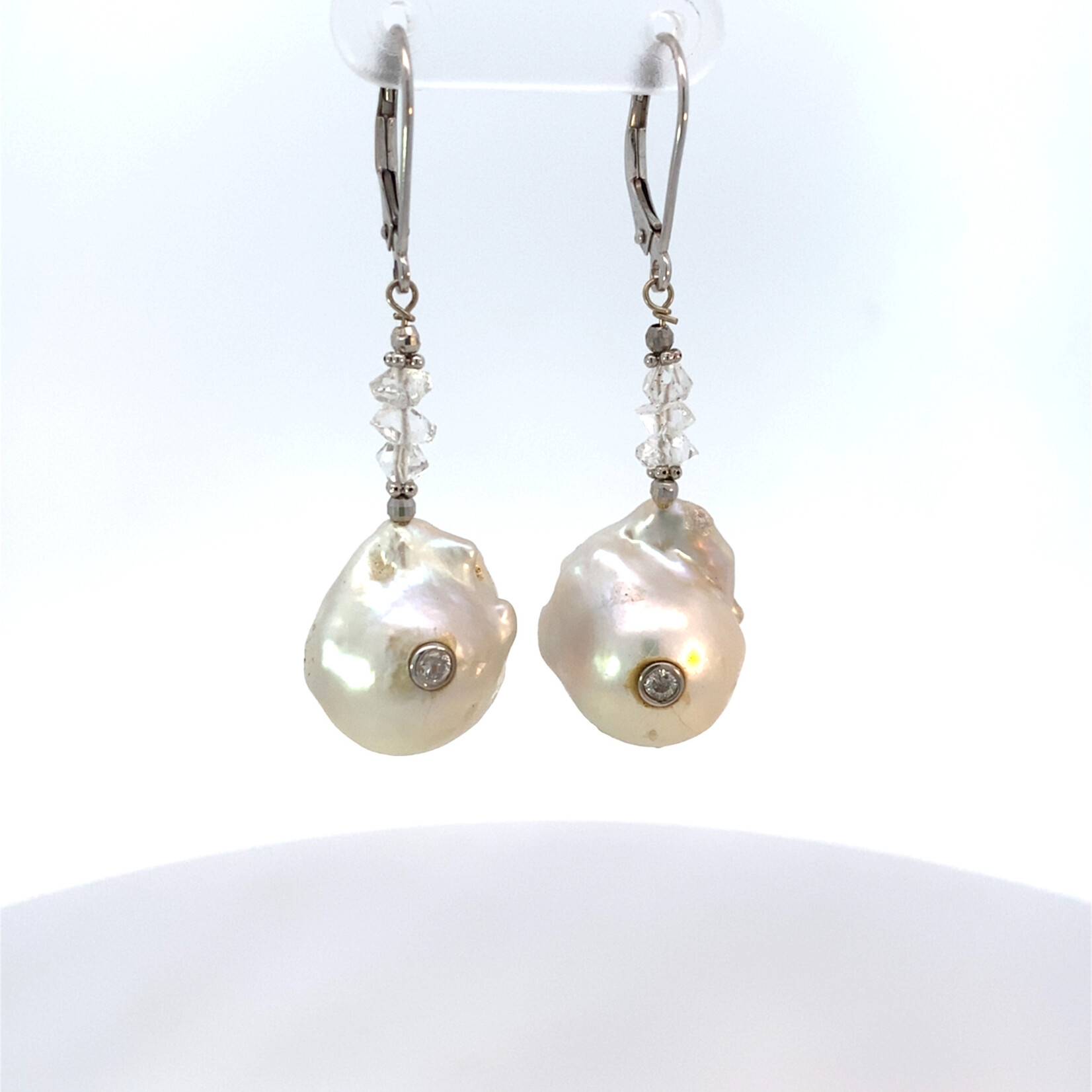 14K White Topaz Baroque Pearl Herkimer Diamond Dangles