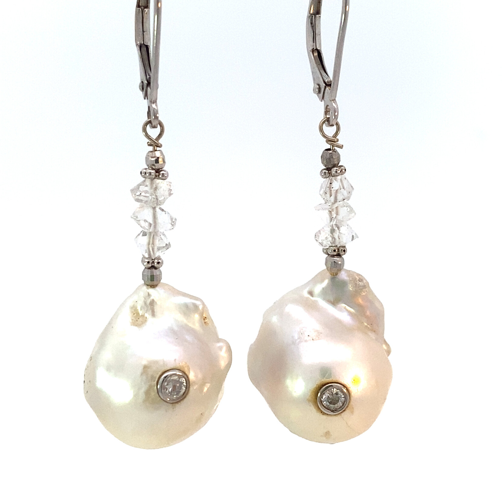 14K White Topaz Baroque Pearl Herkimer Diamond Dangles