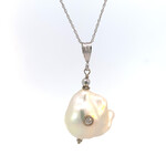 14K White Gold Baroque Pearl Herkimer Diamond On 18" 10K White Gold Chain