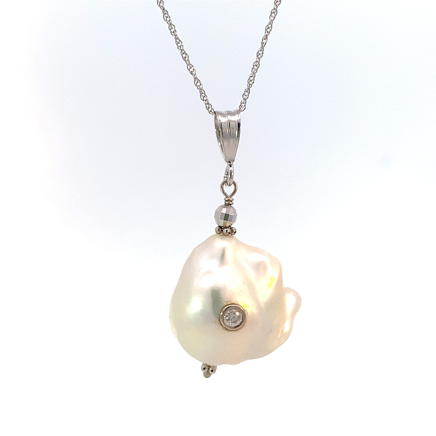 14K White Gold Baroque Pearl Herkimer Diamond On 18" 10K White Gold Chain