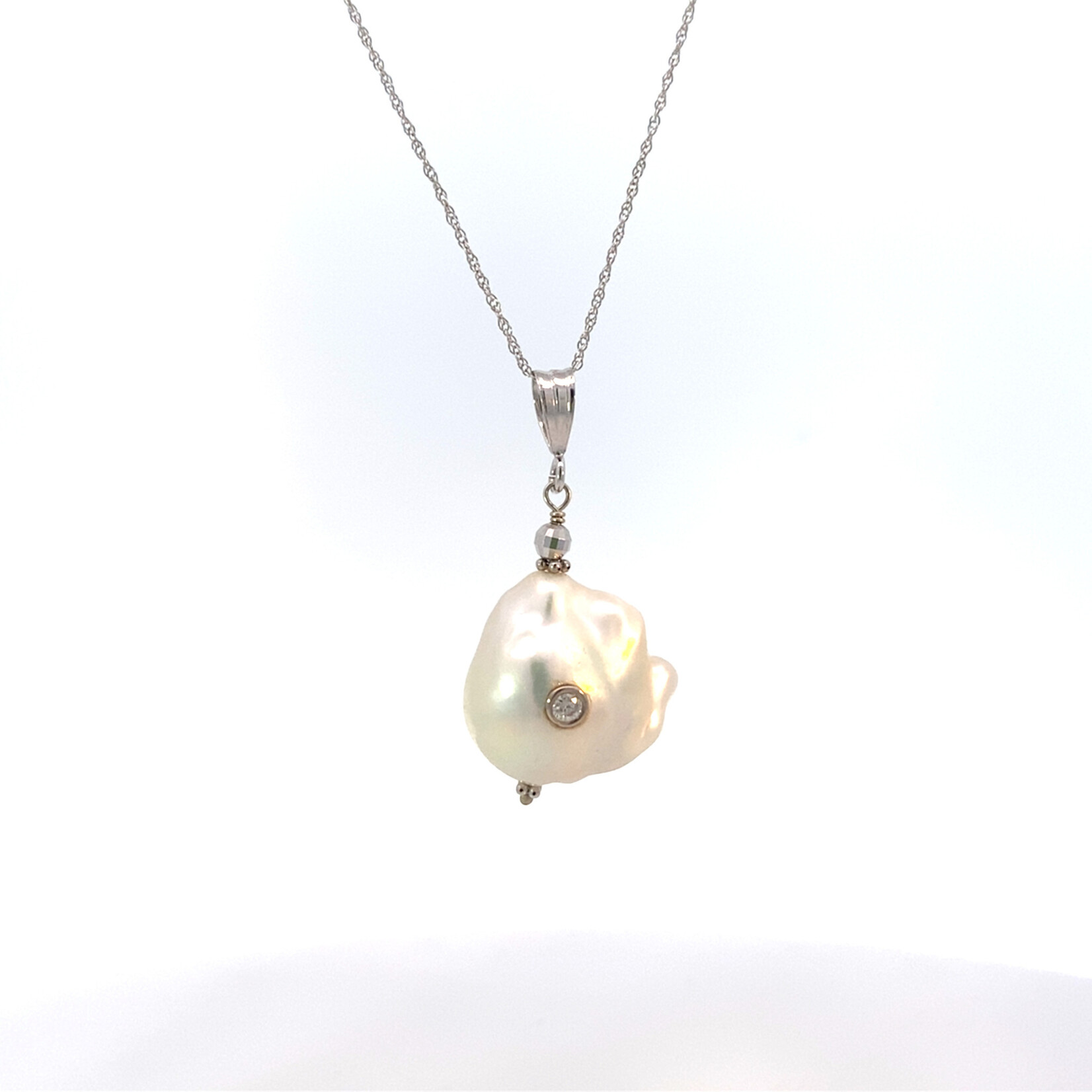 14K White Gold Baroque Pearl Herkimer Diamond On 18" 10K White Gold Chain