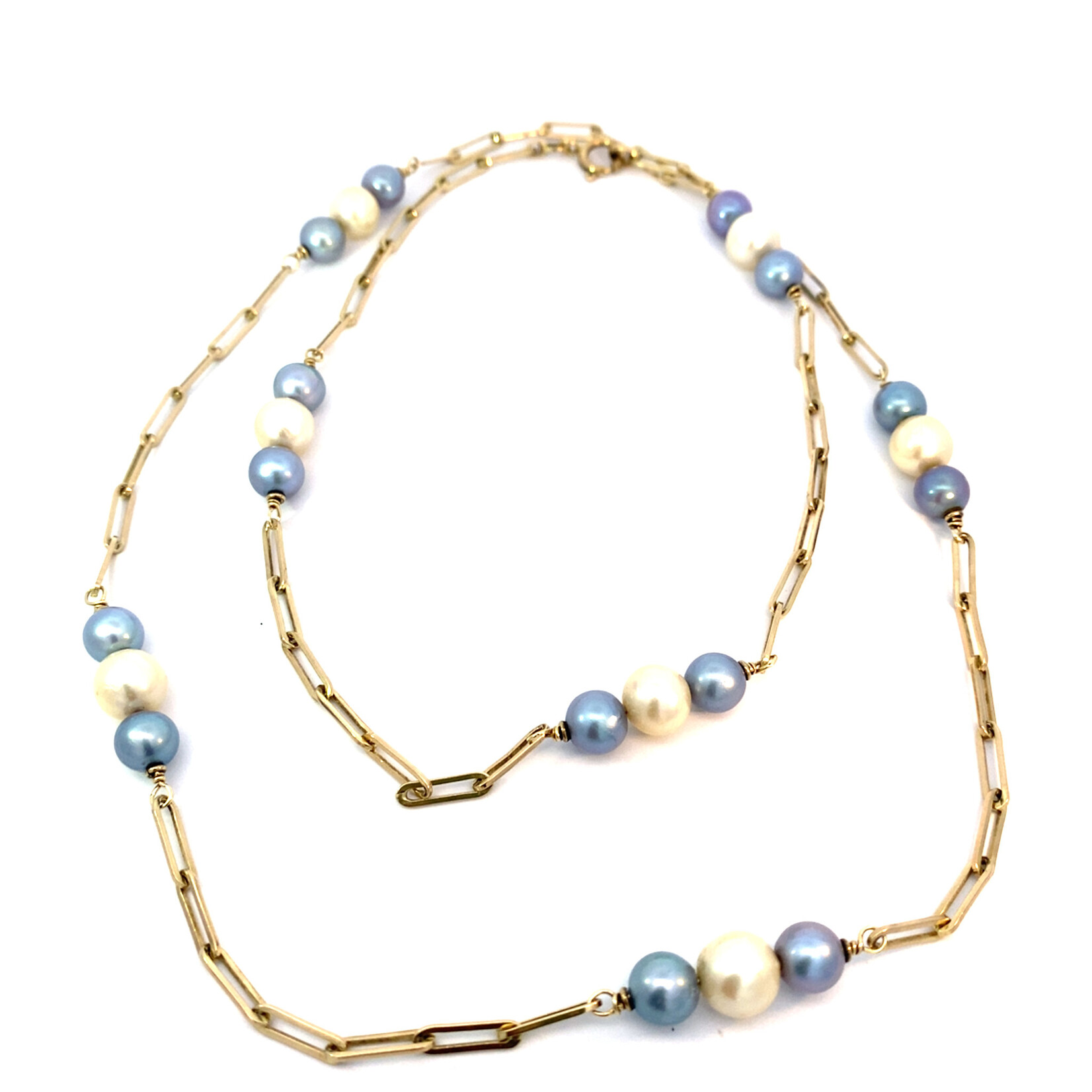8K Yellow Gold 28" Akoya and Dyed Pearl Station Necklace