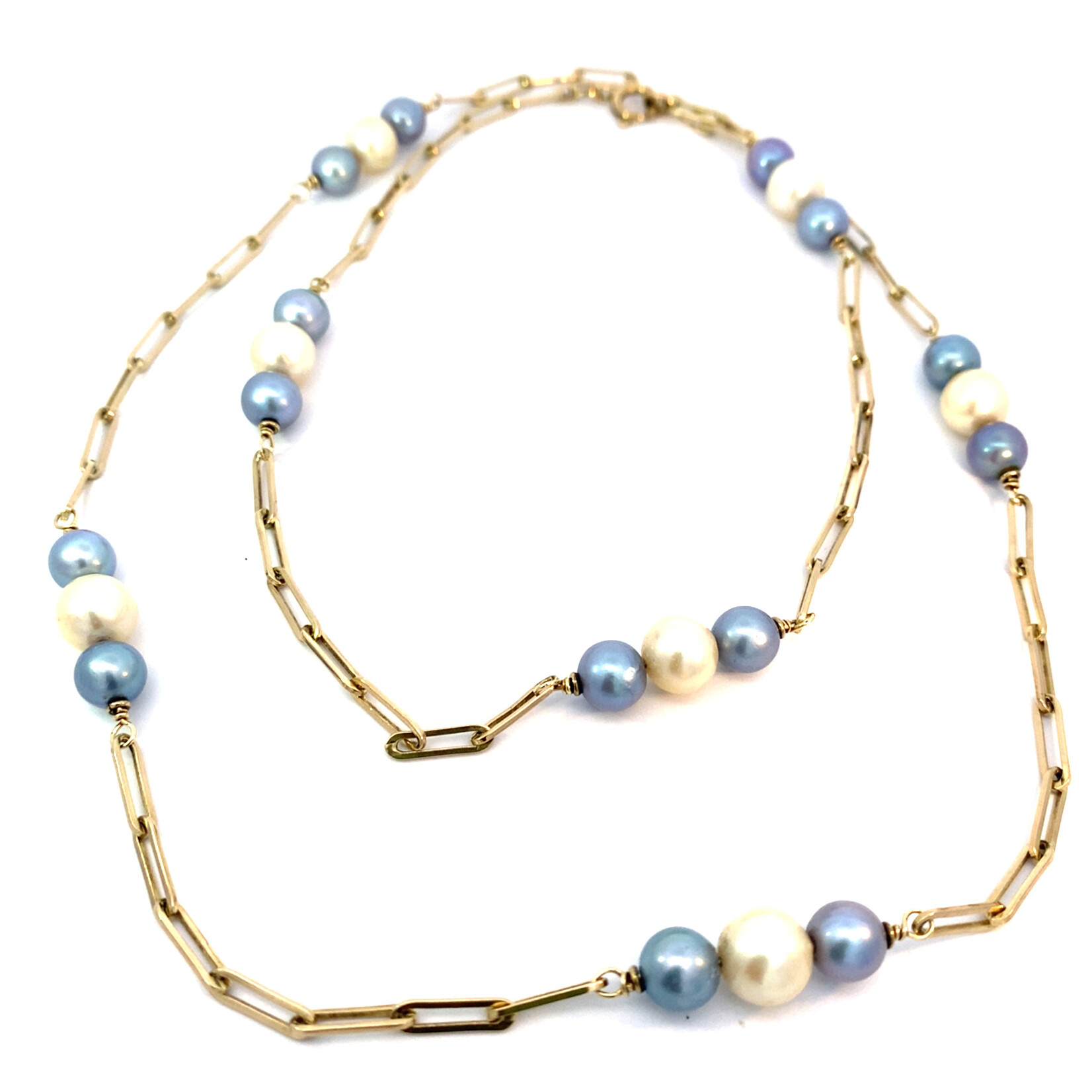 8K Yellow Gold 28" Akoya and Dyed Pearl Station Necklace