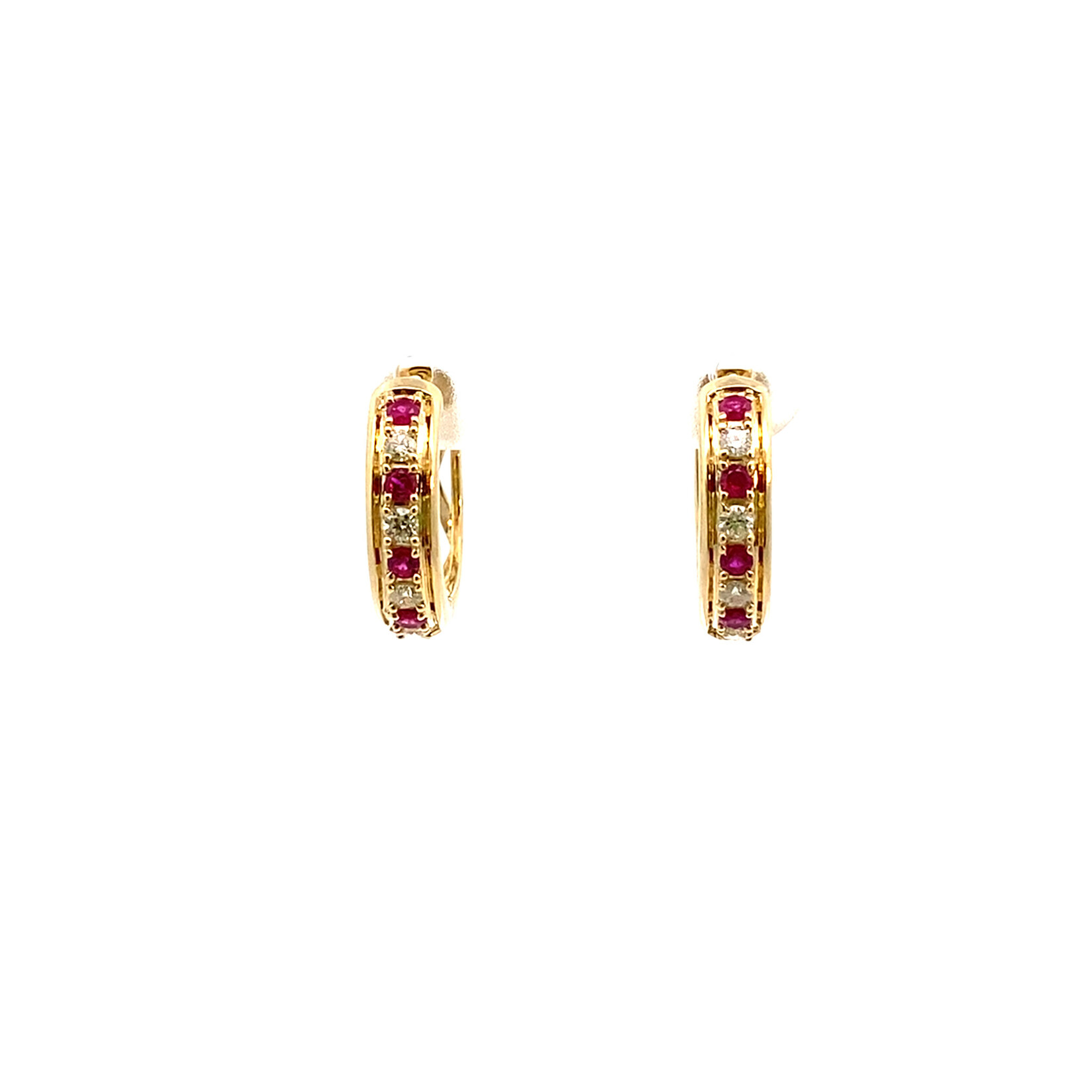 14K Yellow Gold Ruby & Diamond Huggie Hoops D.25ctw R.30ctw