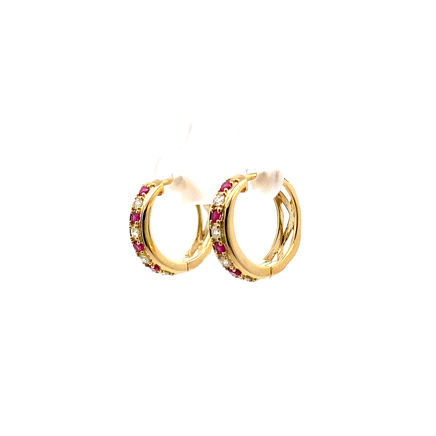 14K Yellow Gold Ruby & Diamond Huggie Hoops D.25ctw R.30ctw