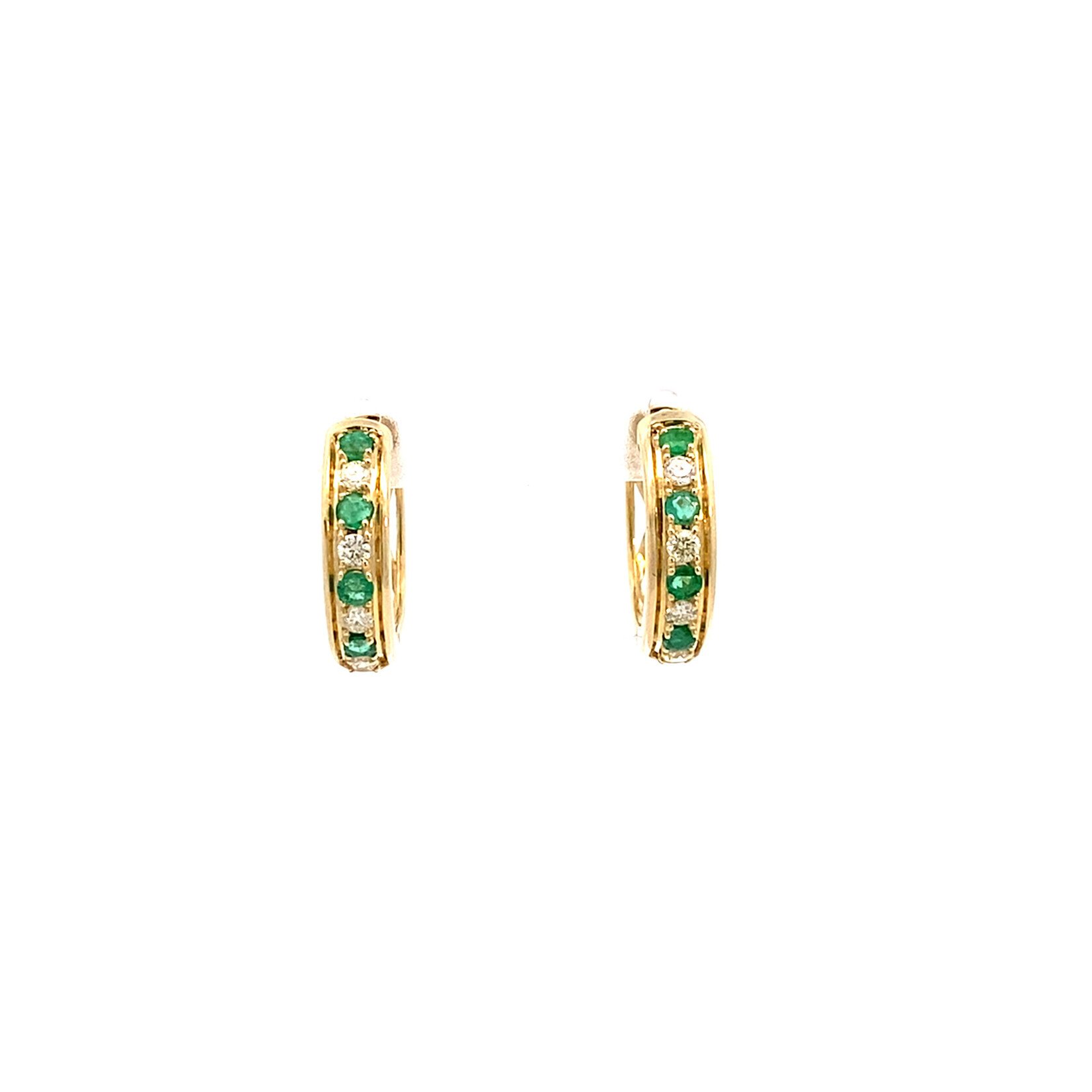 14K Yellow Gold Emerald & Diamond Huggie Hoops D.25ctw E.30ctw