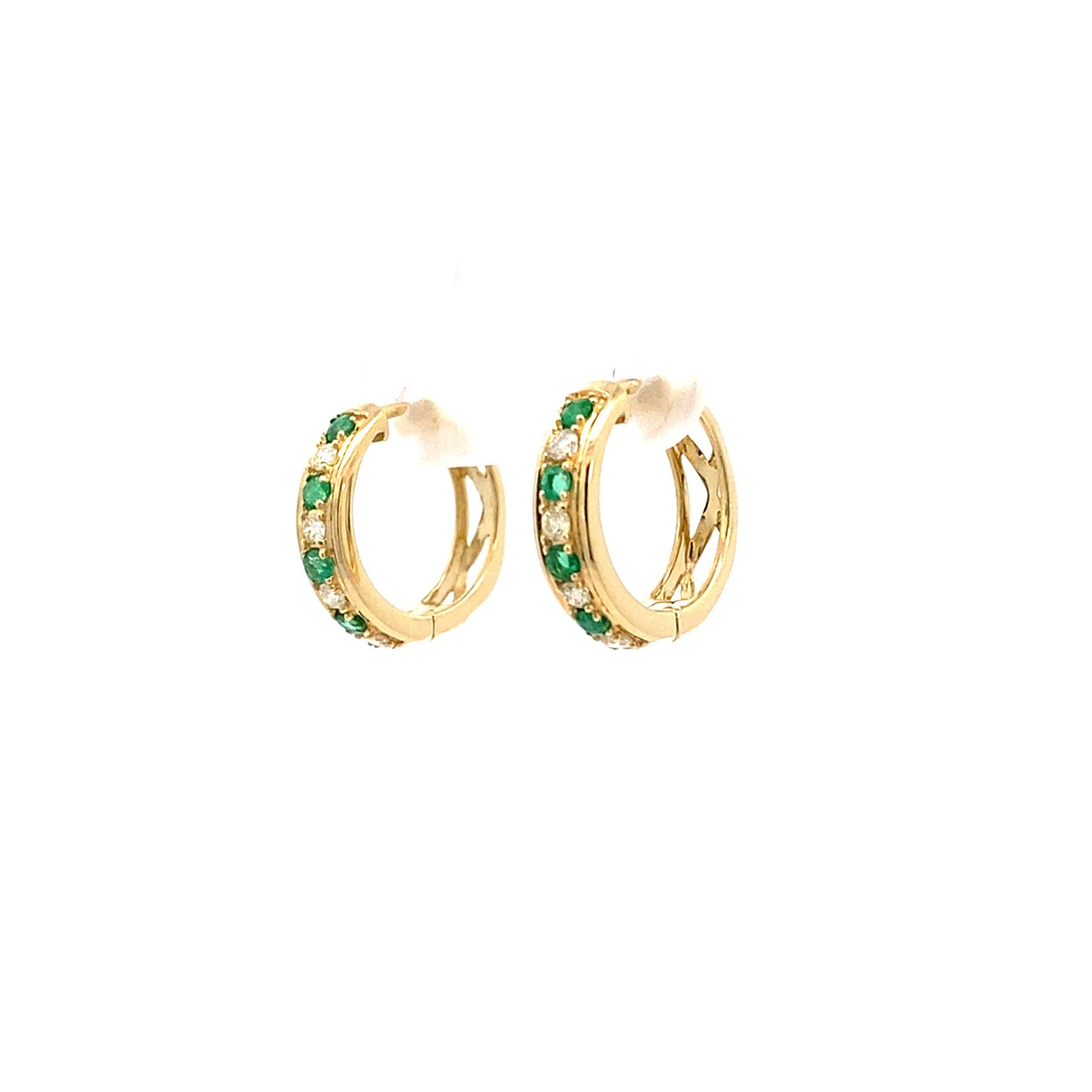 14K Yellow Gold Emerald & Diamond Huggie Hoops D.25ctw E.30ctw