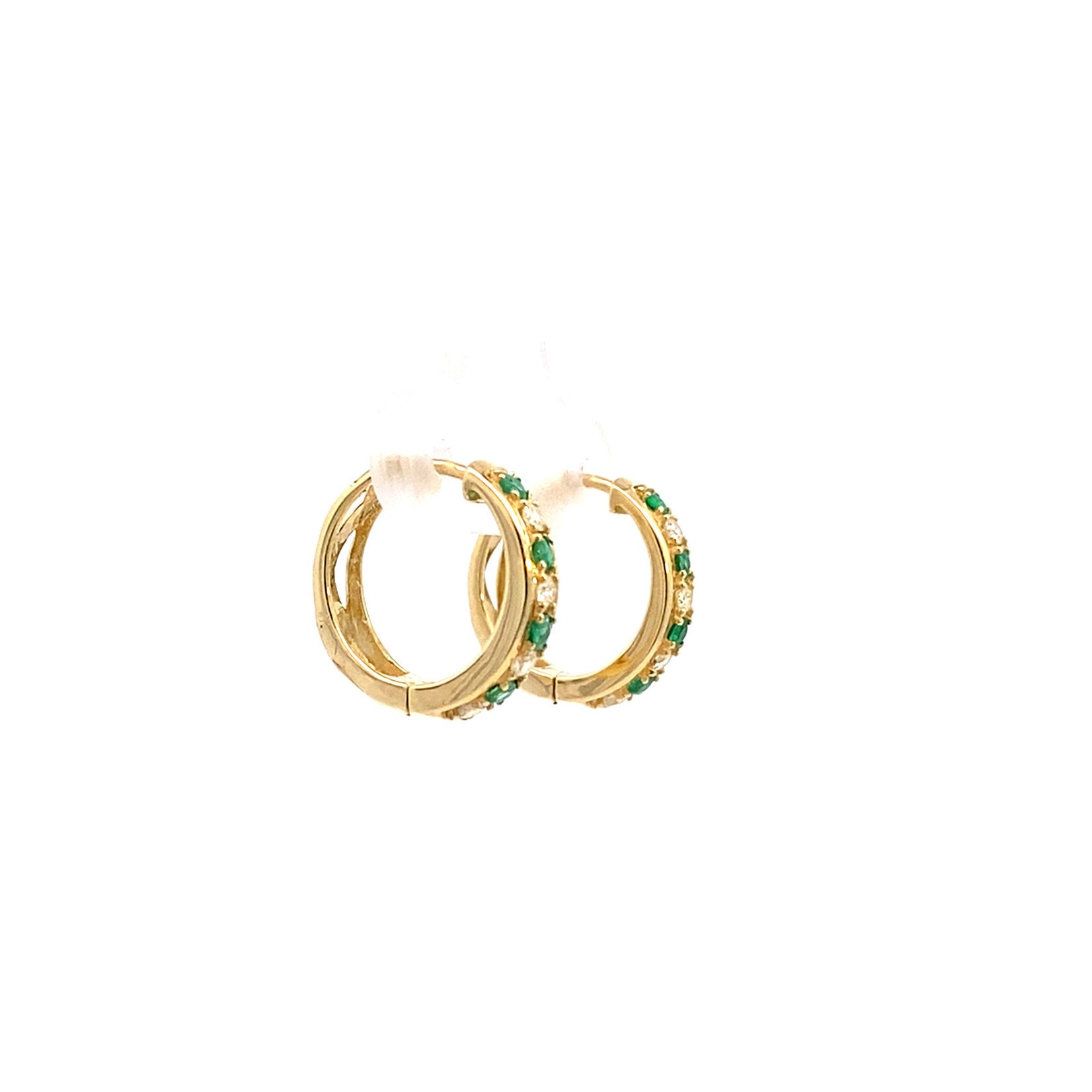 14K Yellow Gold Emerald & Diamond Huggie Hoops D.25ctw E.30ctw
