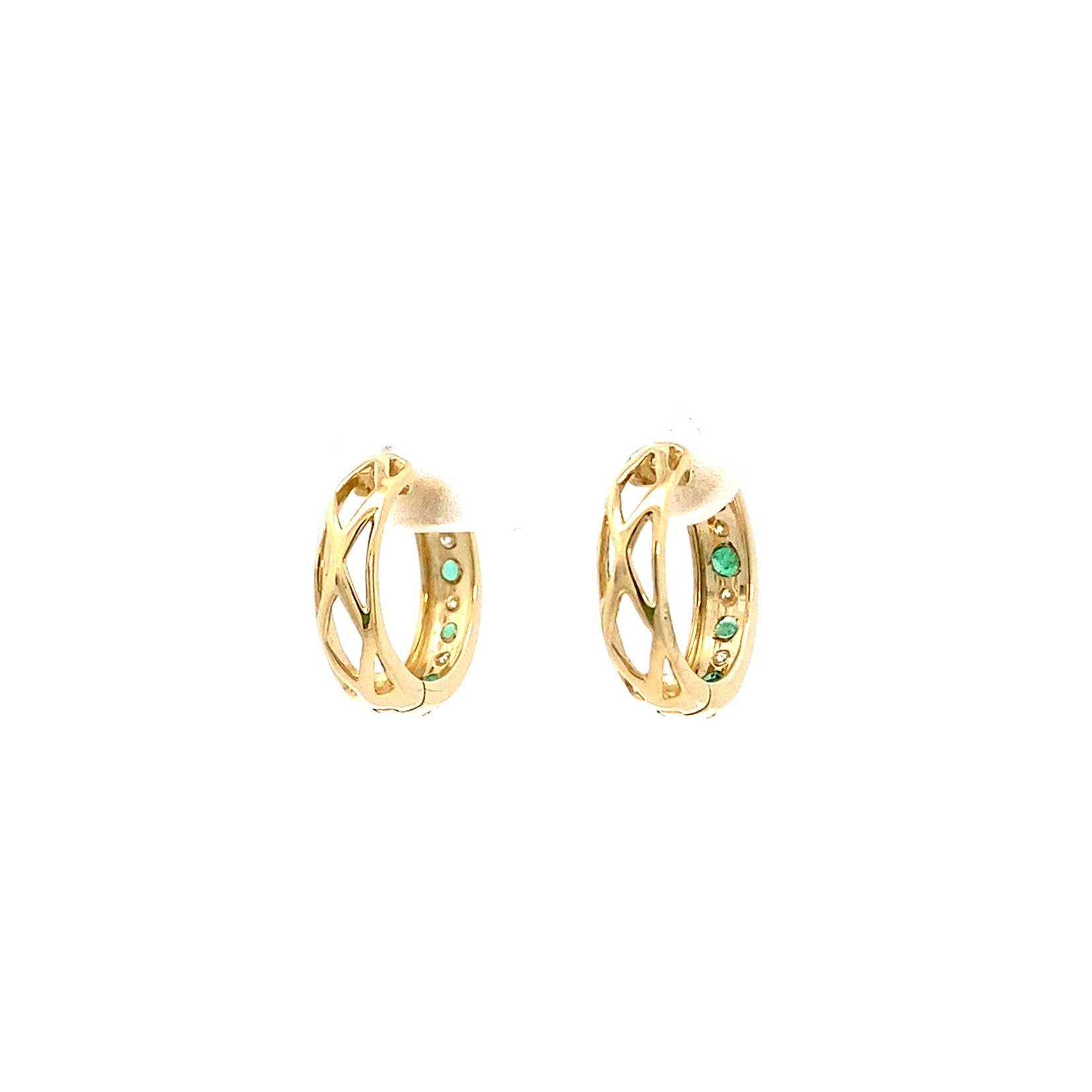 14K Yellow Gold Emerald & Diamond Huggie Hoops D.25ctw E.30ctw