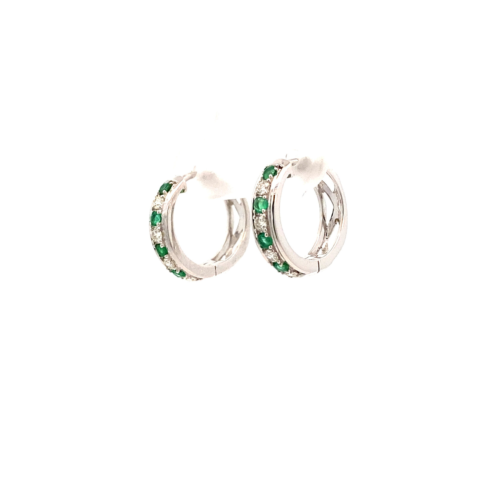 14K White Gold Emerald & Diamond Huggie Hoops D.25ctw E.30ctw