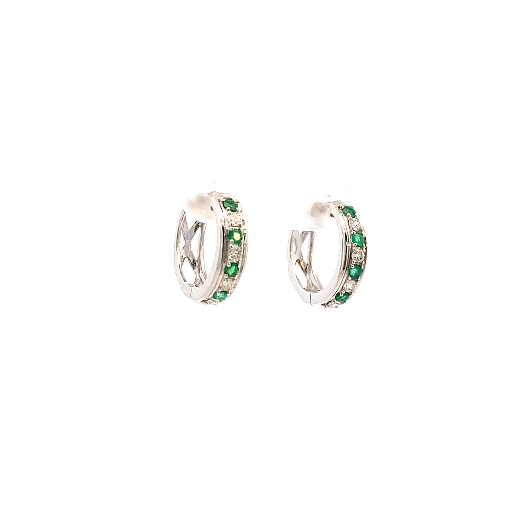 14K White Gold Emerald & Diamond Huggie Hoops D.25ctw E.30ctw