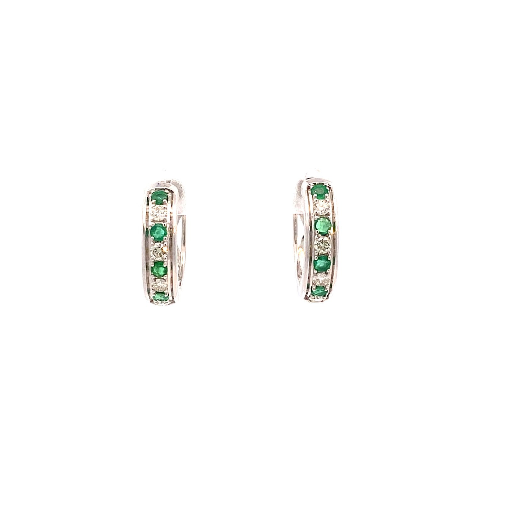 14K White Gold Emerald & Diamond Huggie Hoops D.25ctw E.30ctw