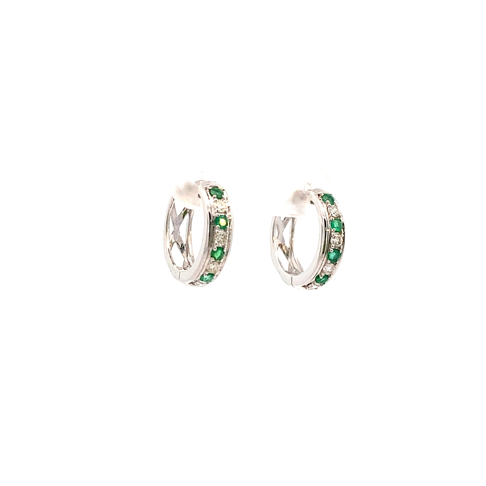14K White Gold Emerald & Diamond Huggie Hoops D.25ctw E.30ctw